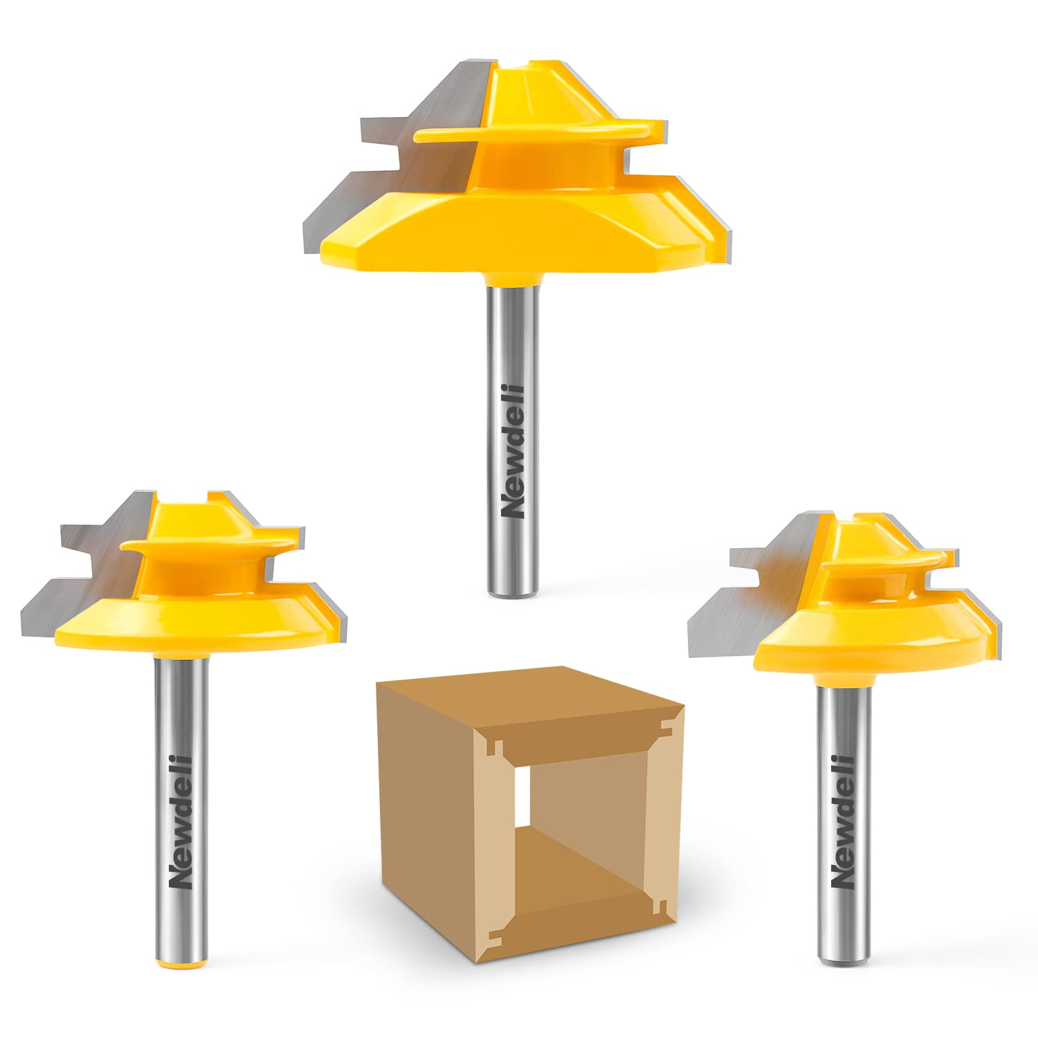 45 Degree Lock Miter Router Bit 3-Piece Set, for 1/2”, 5/8”, 3/4” Cutting Height, 1/4 Inch Shank. Easy to Create Lock Miter Joint