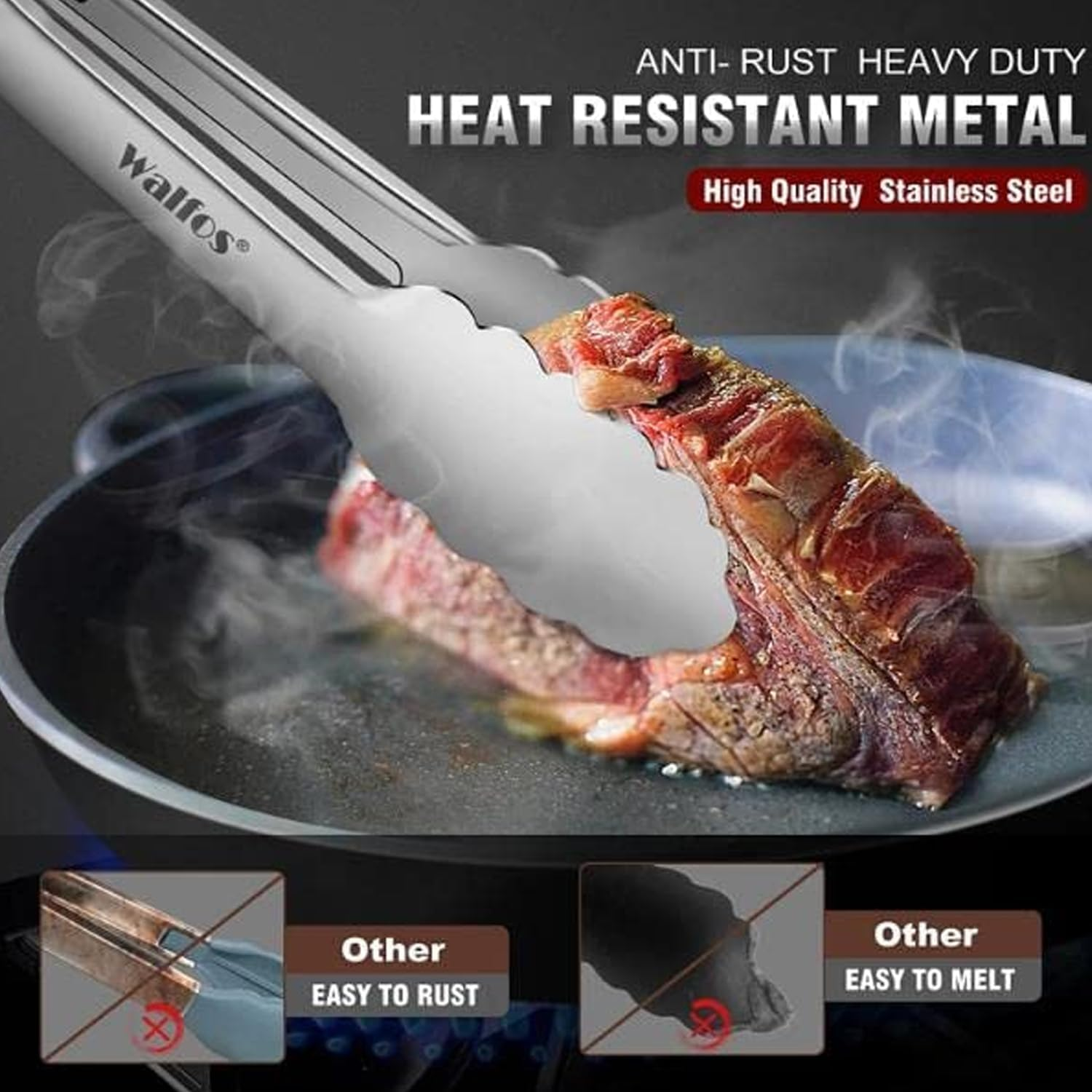 Walfos All Metal Kitchen Tongs for Cooking, BBQ Grilling, 600℉ Heat Resistant... - Picture 4 of 12