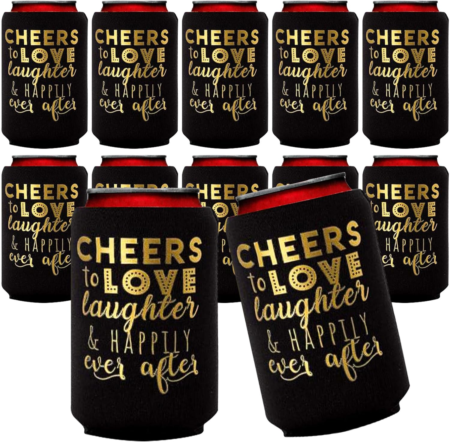 Wedding Can Cooler Decorations Set of 12 - Cheers to Love Laughter and Happily Ever After, Wedding Rehearsal Dinner Decorations - Bridal Showers, Engagement Party Favors for Guests and Supplies