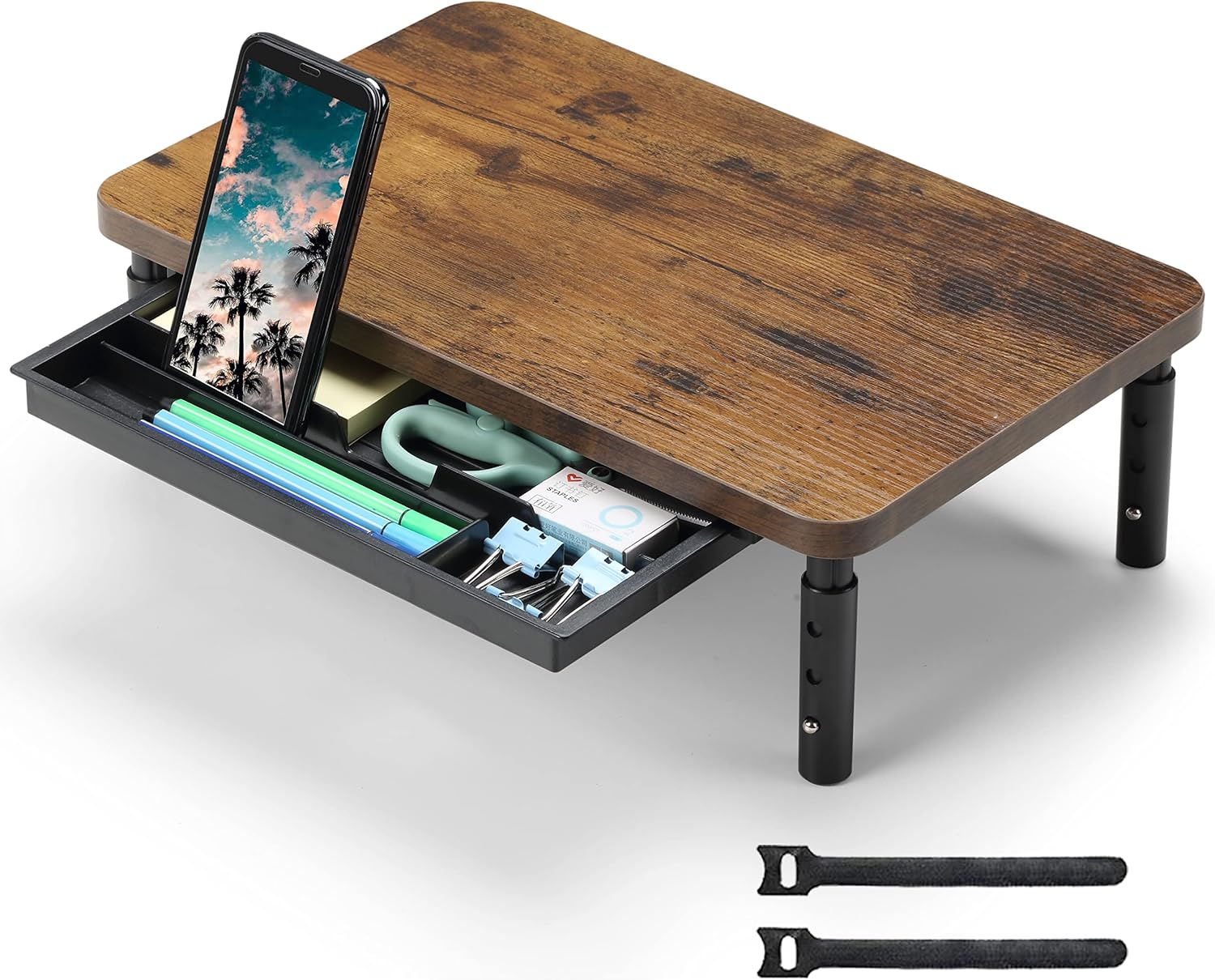 Monitor Stand for Desk, 3 Height Adjustable Computer Monitor Riser with Storage Drawer, Wood Computer Monitor Stand for Office and Home, Ergonomic Desk Stand for Printer, Laptop, PC (Wood)