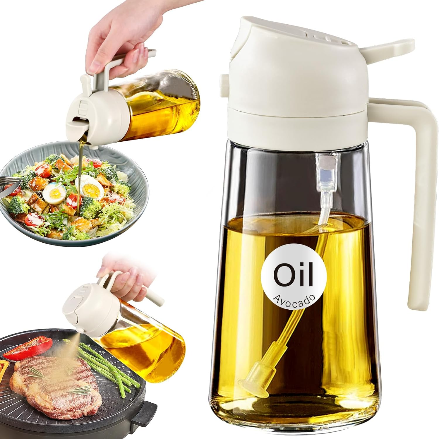 16oz/470ml Glass Olive Oil Sprayer for Cooking with Stickers, 2 in 1 Oil Dispenser for Kitchen Gadgets, Food Grade Premium Spray Bottle for Salad, Frying, BBQ (Creamy White)