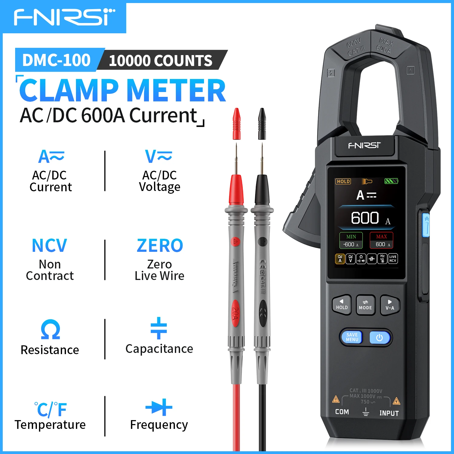 DMC-100 Clamp Meter 10000 Counts TRMS AC/DC Current Amperemeter Clamp 600A Digital Multimeter USB Charge Electrician Tool