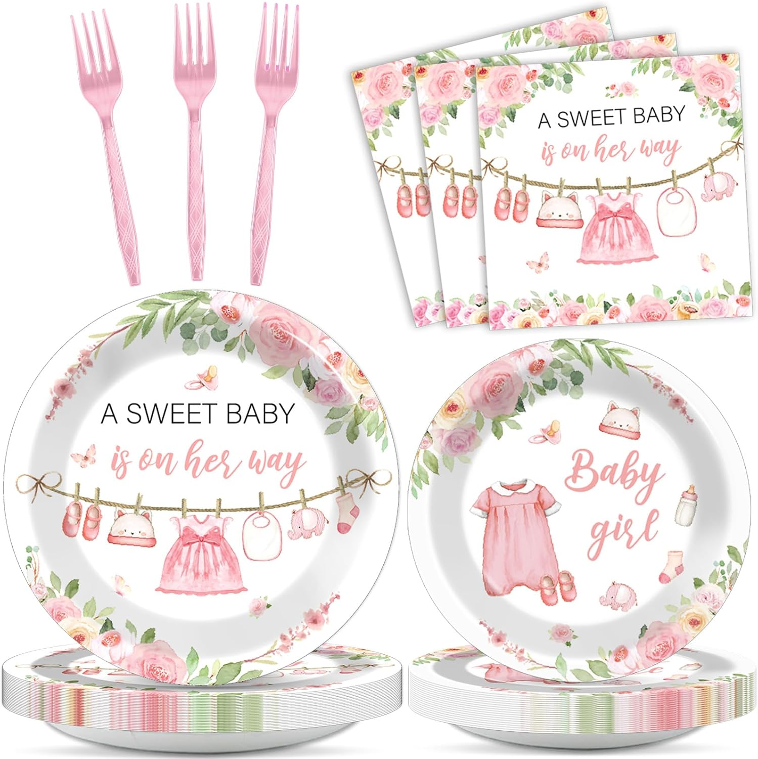 96Pcs Floral Baby Girl Baby Shower Plates and Napkins Decoration Pink Girl Party Tableware Dinnerware Set Rose Gold Paper Plates for Babies Girls Gender Reveal Party Supplies Serves 24 Guests