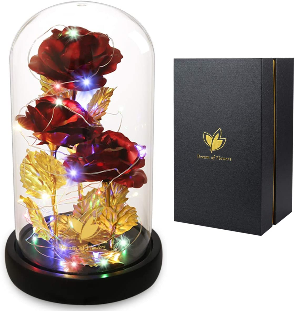 Mother'S Day Birthday Gifts Colorful Gold Foil Galaxy Rose, Beauty and the Beast Rose in Glass Dome with Lights, Infinite Rose Flower Shines like a Enchanted Glass Rose, Gifts for Her (Red)