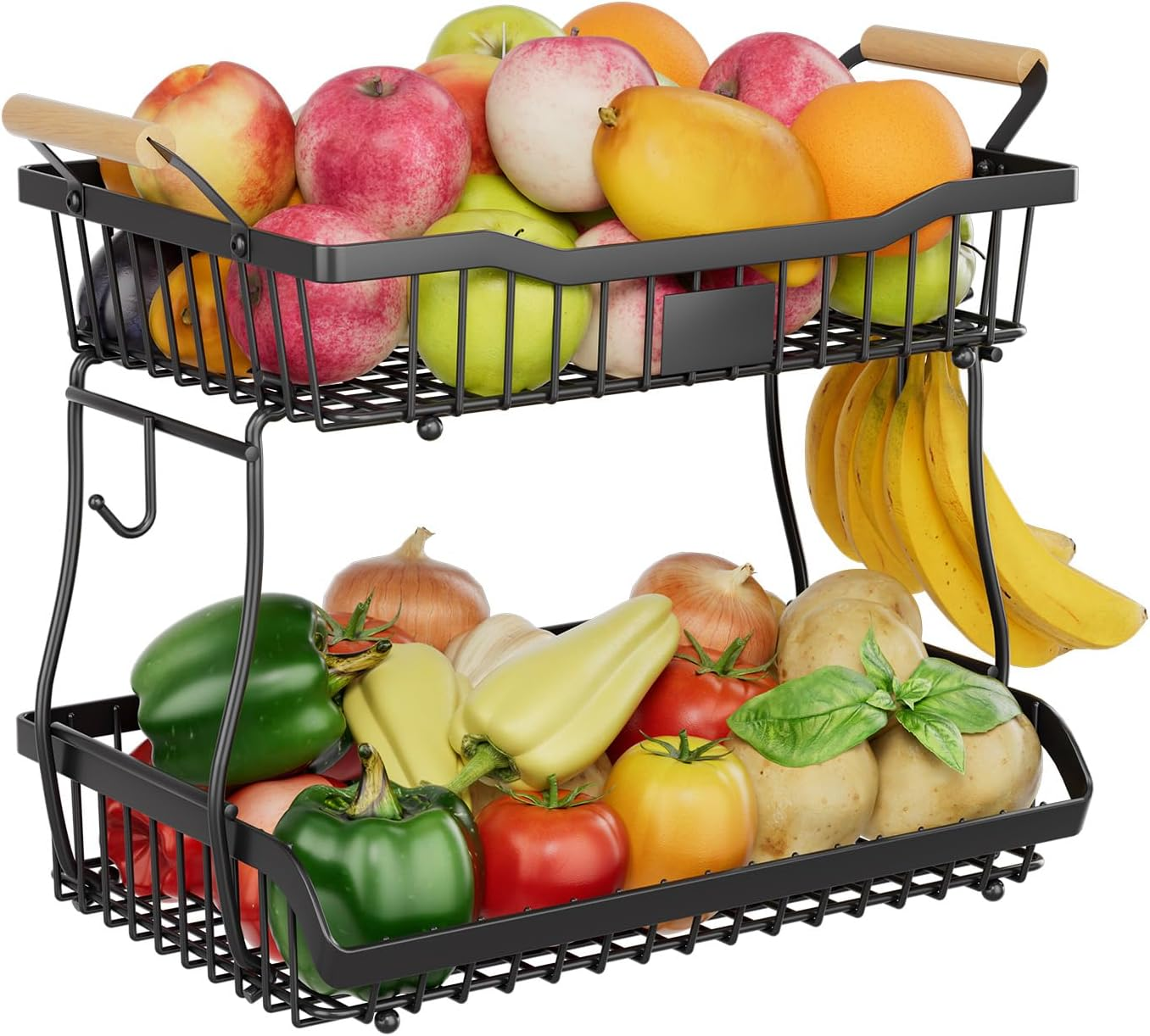 Fruit Basket 2-Tier Detachable, with Banana Hangers & Rust-Proof Metal Mesh, Ventilated Kitchen Organizer for Countertop, Perfect for Fruits, Vegetables, Snacks Storage