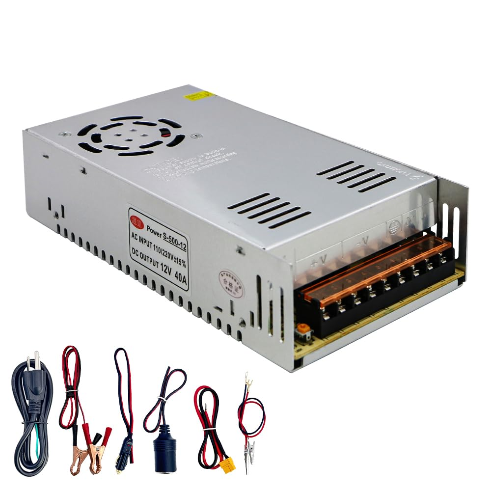 110V AC to 12V DC Transformer, 12V 500W 40A Switching Power Converter, Built-In Cooling Fan, with Various Power Adapters.