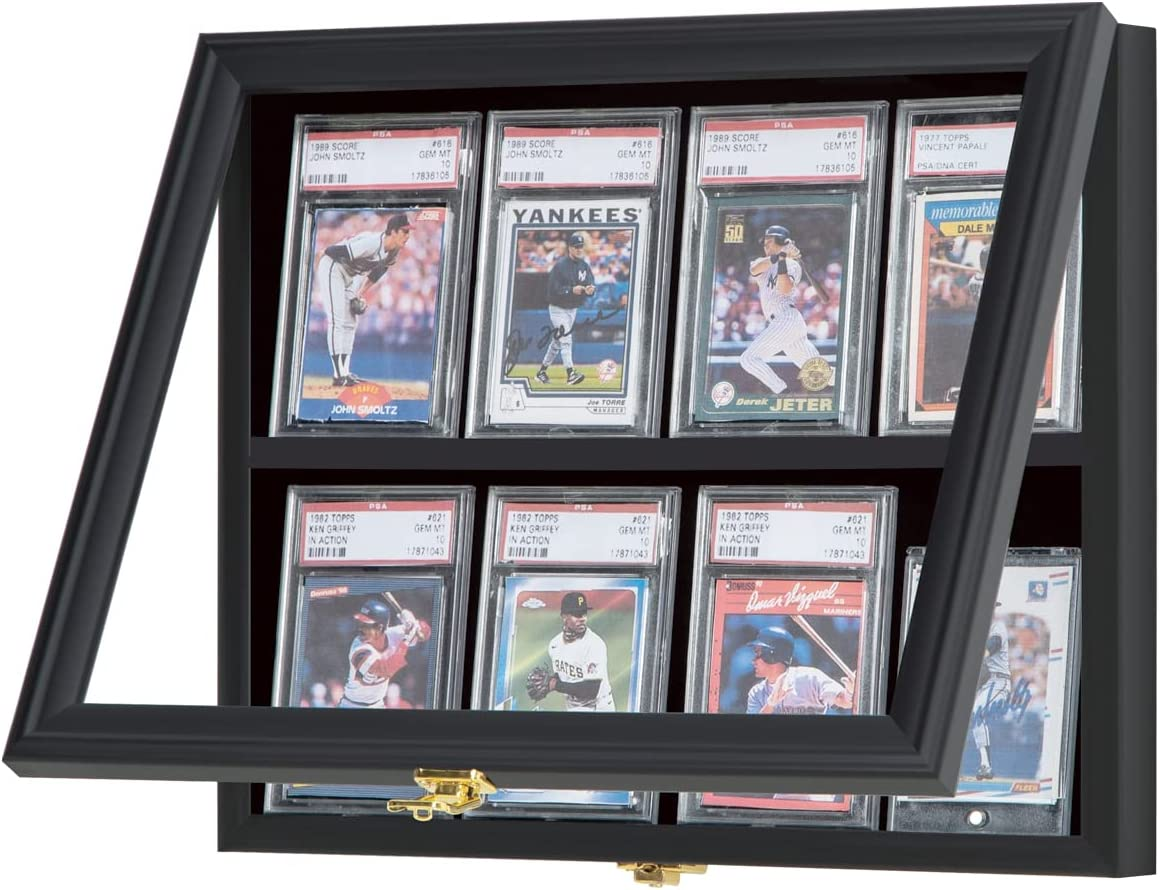 Baseball Sports Card Display Case - 8 Graded Card Frame Lockable Black Cabinet