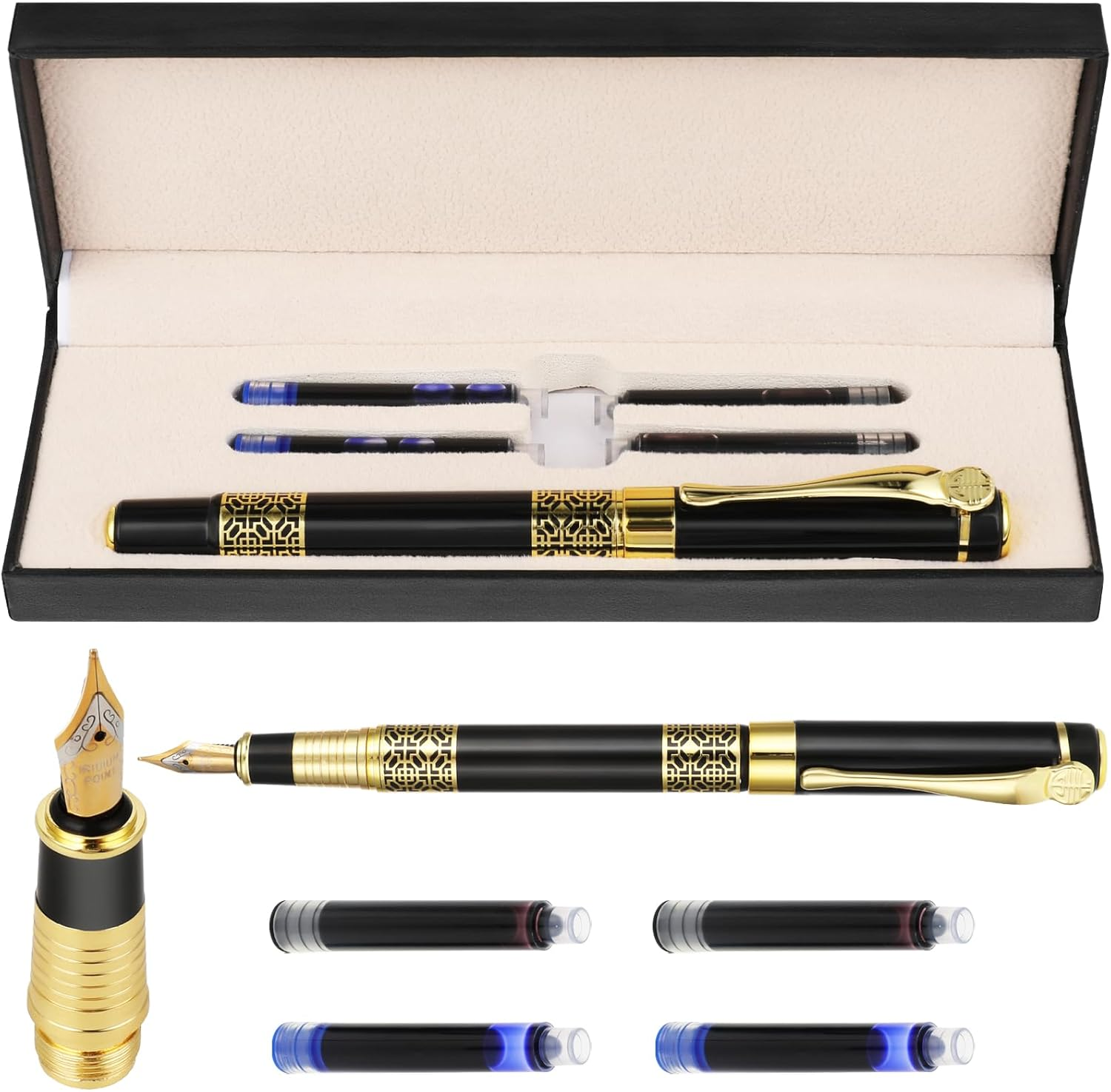 ® Luxury Fountain Pen Set, Metal Fountain Pen Medium Point with 2 Black Ink and Blue Ink Sac Business Writing Pen Calligraphy Pen for Journaling Signature School Office Gift Supplies