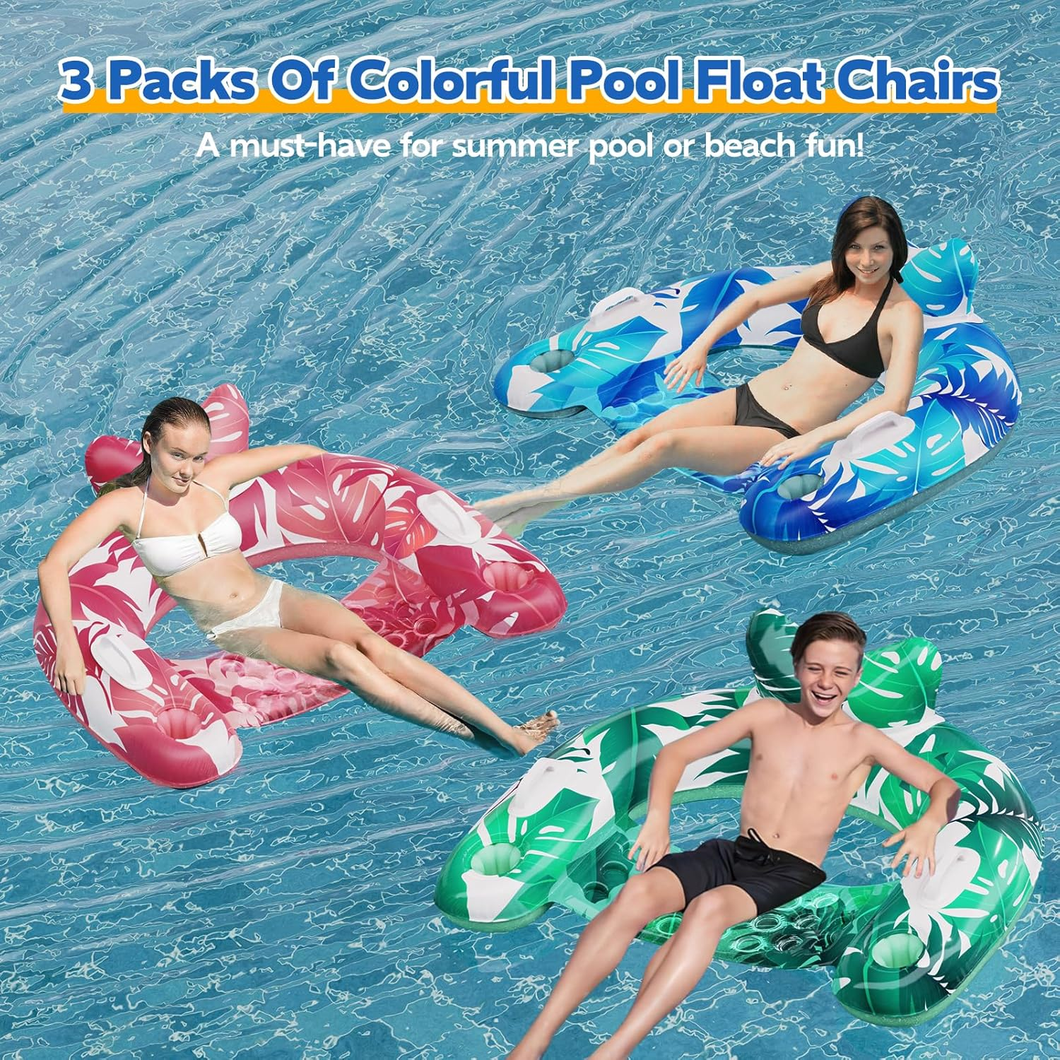 3 Pack Inflatable Float Chairs with Cupholders & Handles, Swimming Pool