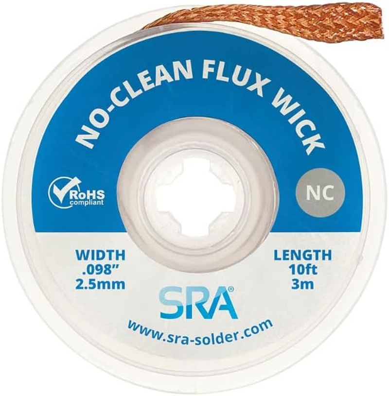 SRA Soldering Wick with Flat Woven Copper Desoldering Braid Strip and No Clean Flux for Easy Damage-Free Solder Removal - 1 Pack 10 Foot Solder Wick Spool