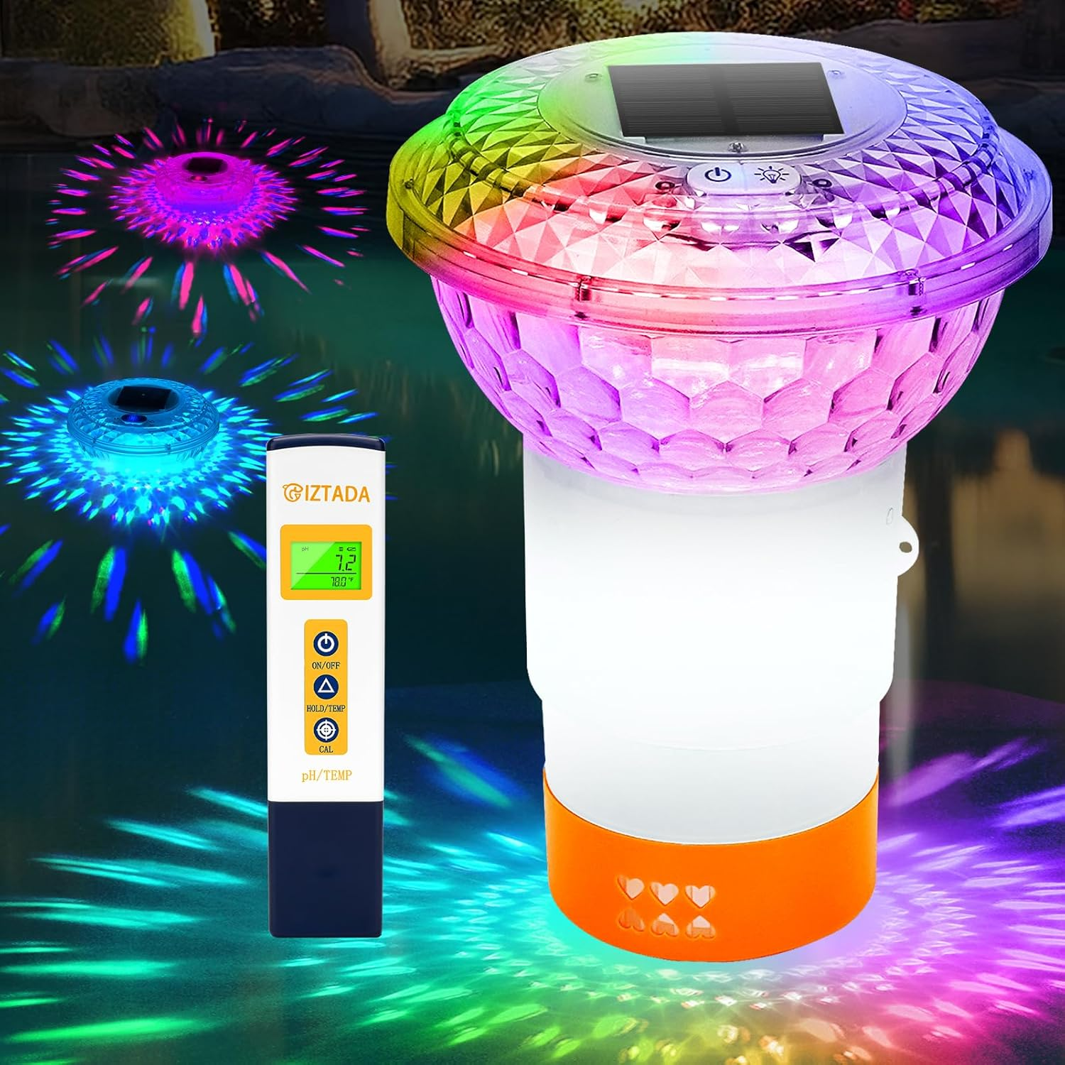 Solar Pool Chlorine Floater with Lights and Pool Water Ph Testing Kit, Pool Lights Floater with Hot Tub Ph Tester, Adjustable Chlorine Dispenser with Digital Thermometer for Swimming Pool Spas