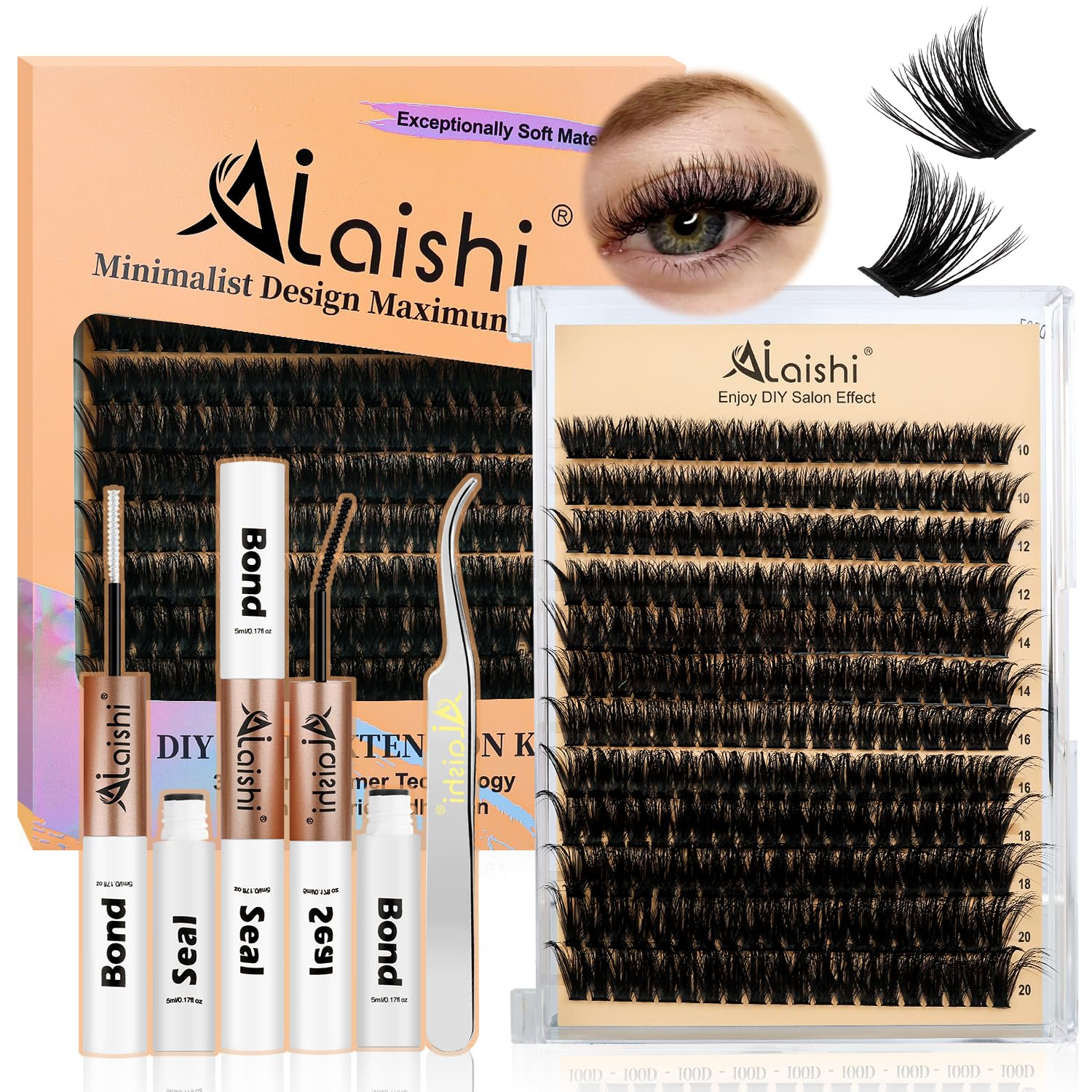 Lash Clusters Kit, DIY Cluster Eyelash Extensions 10‑20Mm, 80D+100D, 240Pcs Fluffy D Curl Natural Lashes with Bond & Seal,Tweezers–Fake Cat Eye Individual Clusters
