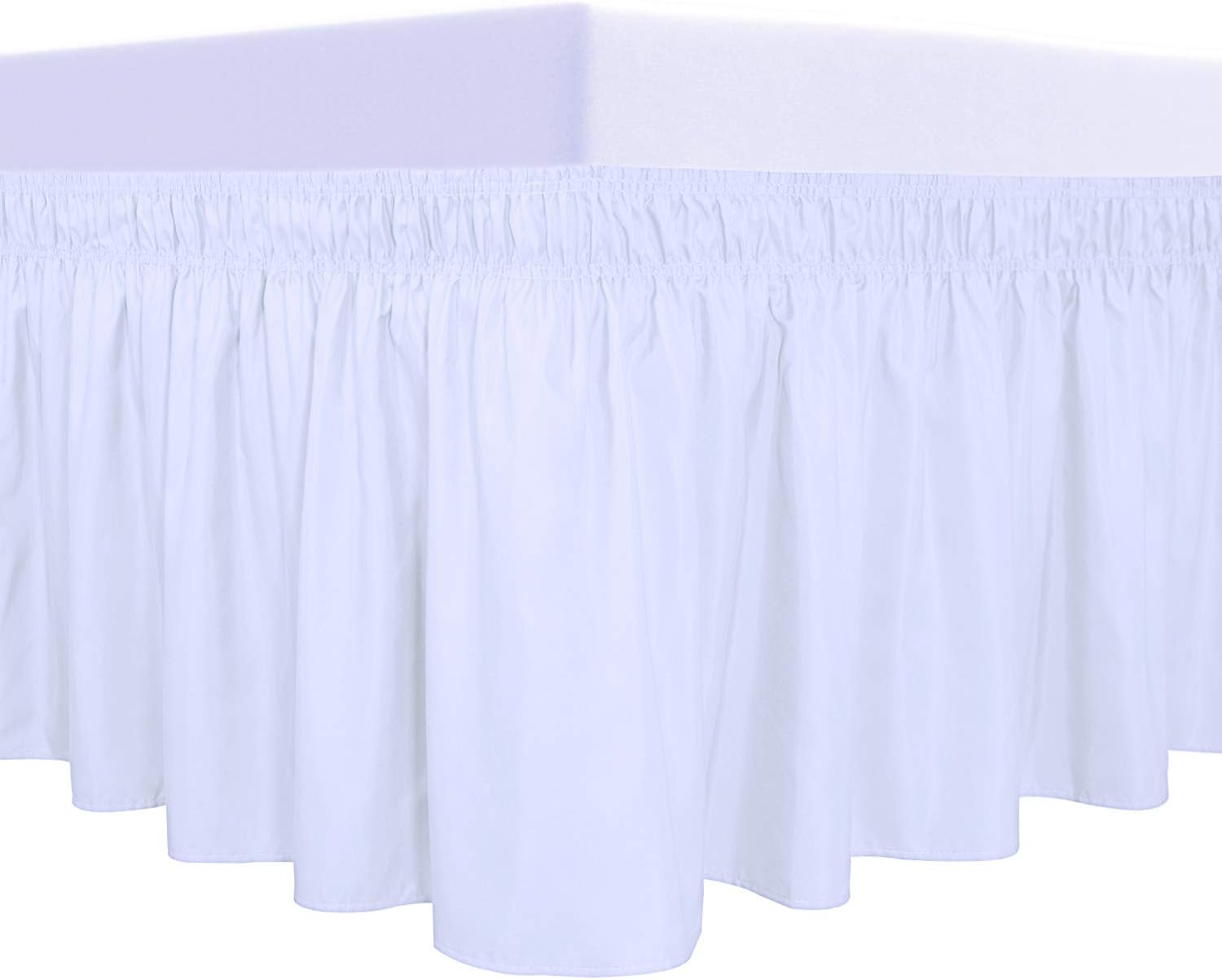 Purefit Wrap around Ruffled Bed Skirt with Adjustable Elastic Belt - 18 Inch Drop Easy to Put On, Wrinkle Free Bedskirt Dust Ruffles, Bed Frame Cover for Queen, King and C-King Size Beds, White