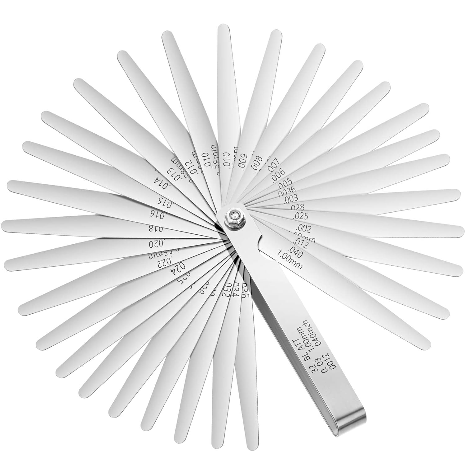 Stainless Steel Feeler Gauge Measuring Tool Dual Marked Metric and Imperial Measuring (32 Blades,0.03-1 Mm)