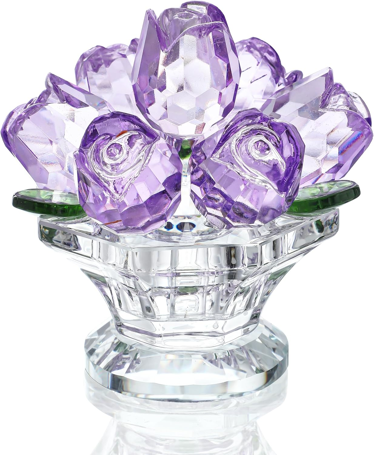 Handcraft Crystal Rose Flower Figurine with Crystal Base, Glass Rose Purple