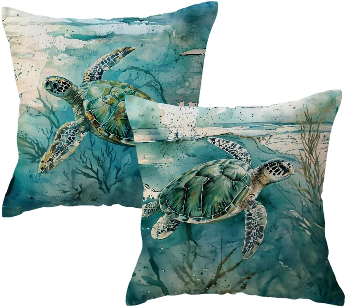 ULOVE LOVE YOURSELF Sea Turtle Throw Pillow Case Turquoise Blue Mediterranean Style Ocean Sea Theme Decorative Cushion Cover 18 X 18 Inch,2 Pack Coastal Beach House Decor