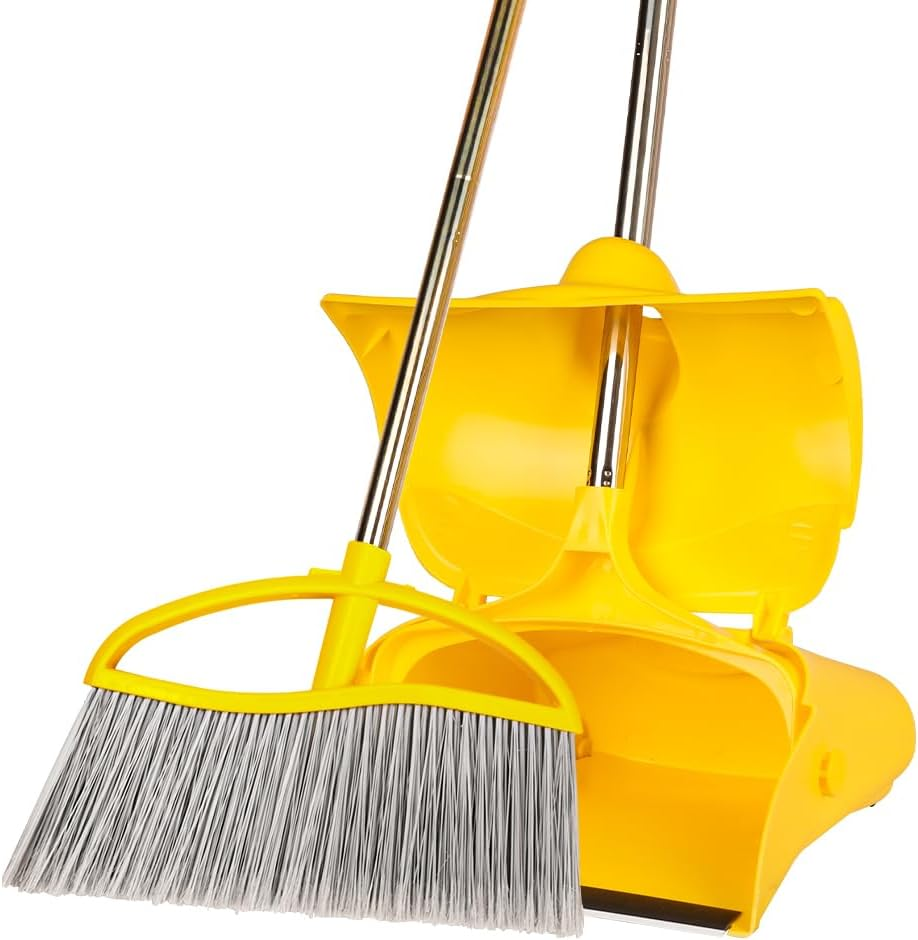 Long Handle Heavy Duty Broom and Dustpan Set, Outdoor and Commercial Upright Dustpan and Brush for Restaurant Garage Garden Yard Office, Yellow
