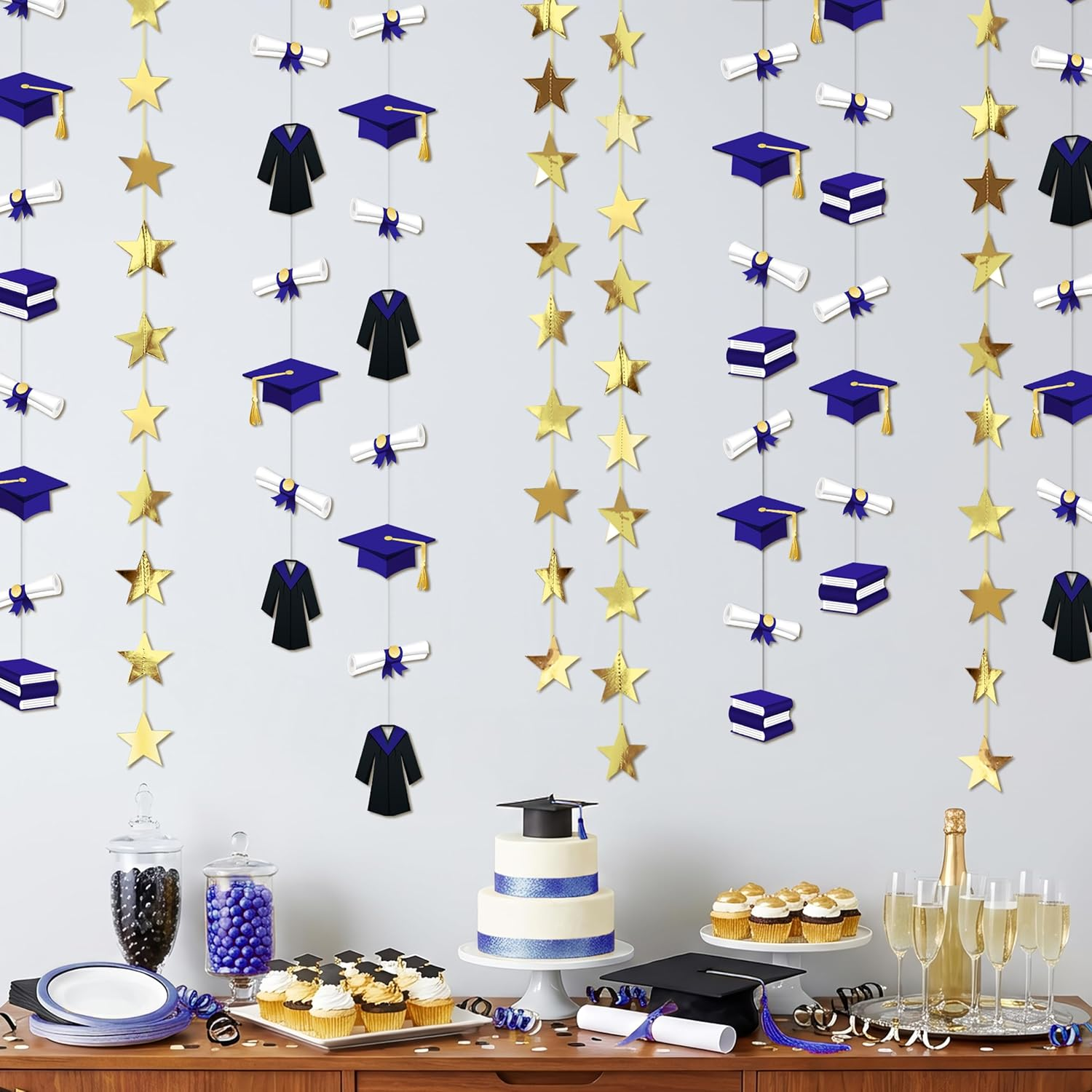 Graduation Decorations Blue and Gold Grad Garland Star Streamers Class of 2026 Banners for Congrats College University Diploma Classroom Prom Backdrop Congratulation Celebration Supplies