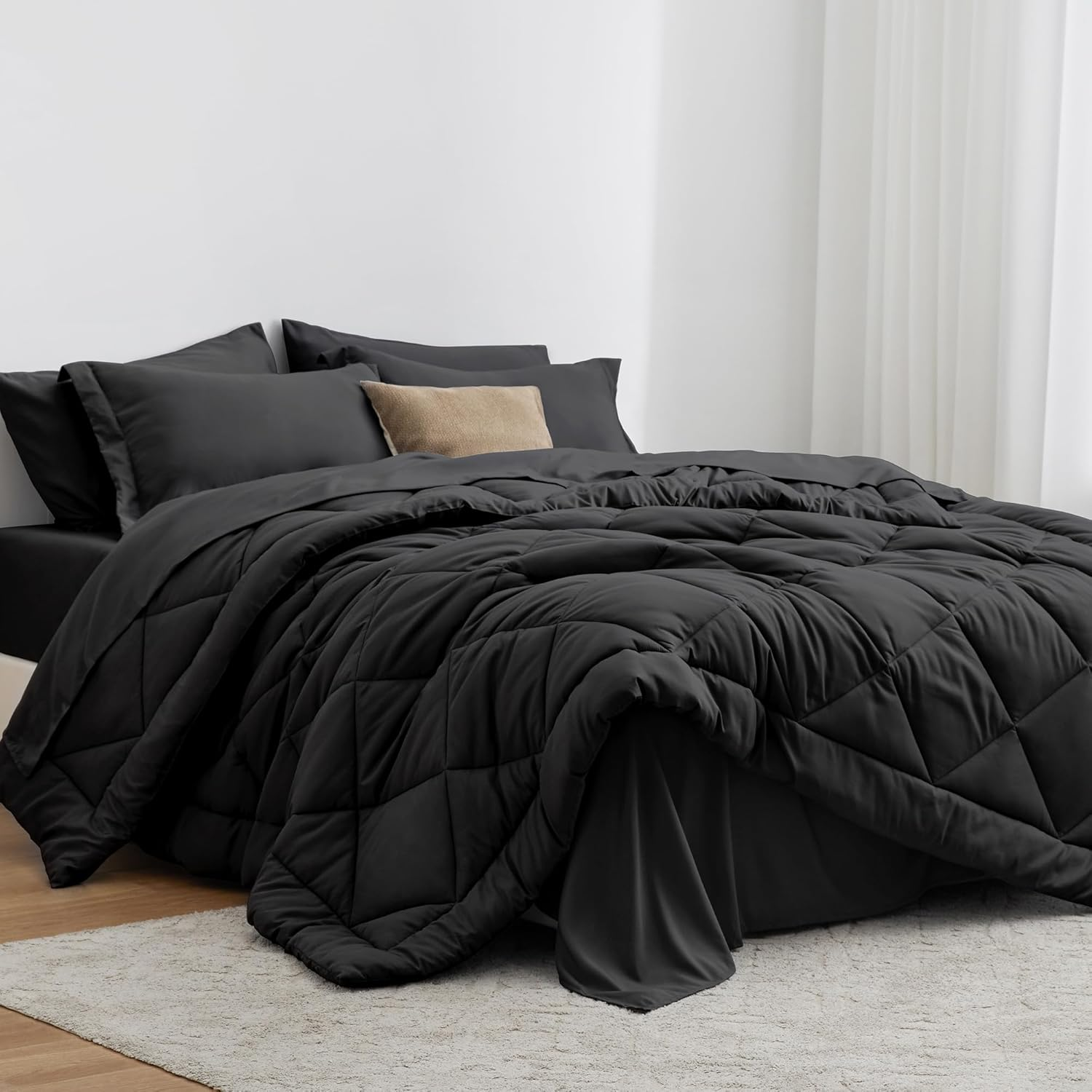 Love'S Cabin King Size Comforter Set Black, 7 Pieces King Bed in a Bag, All Season Bedding Sets with 1 Comforter, 1 Flat Sheet, 1 Fitted Sheet, 2 Pillowcase and 2 Pillow Sham