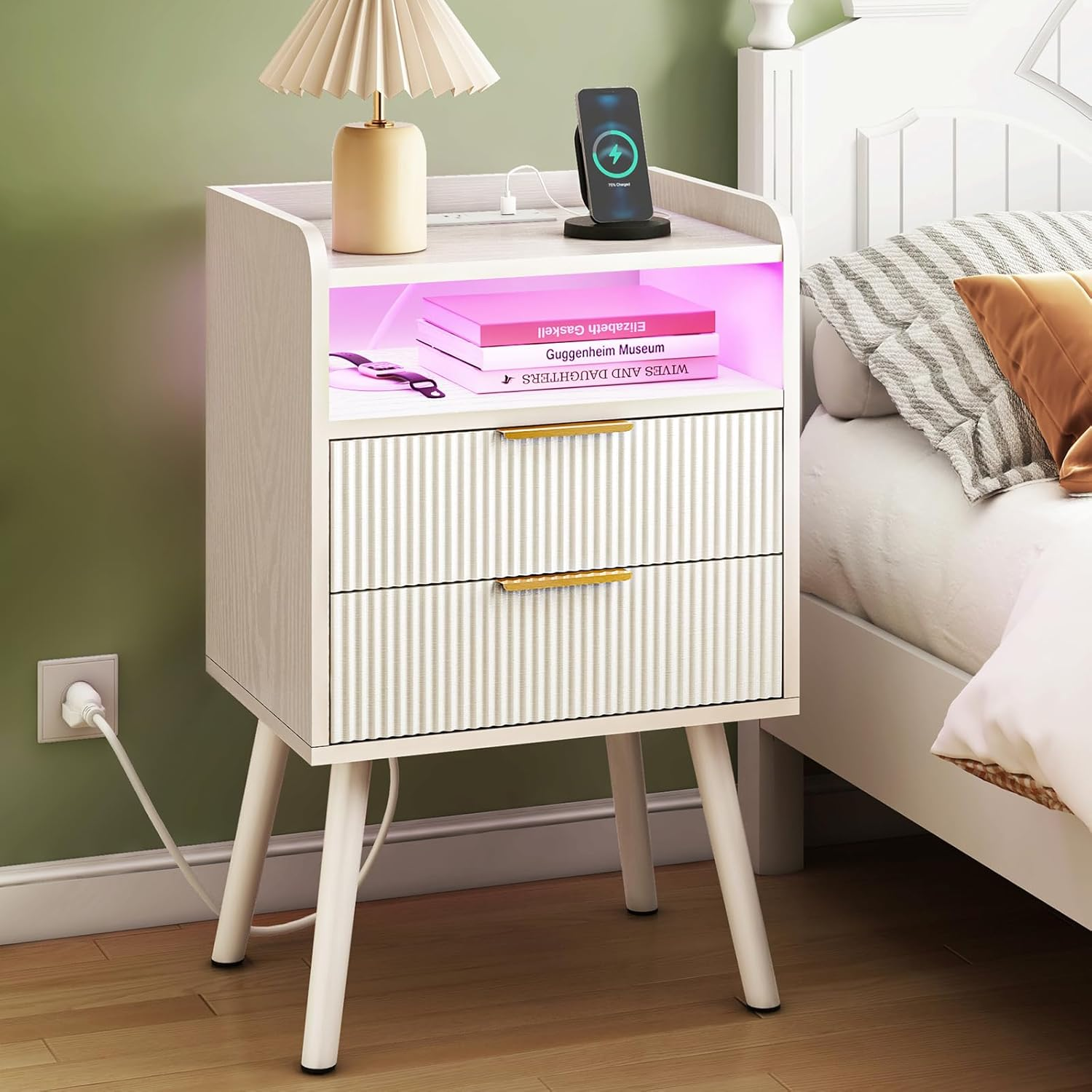 White Fluted Nightstand with Charging Station, LED Night Stand with 2 Wood Drawers for Bedroom, Modern Bedside Table, 15.7 X 11.8 X 25.6In