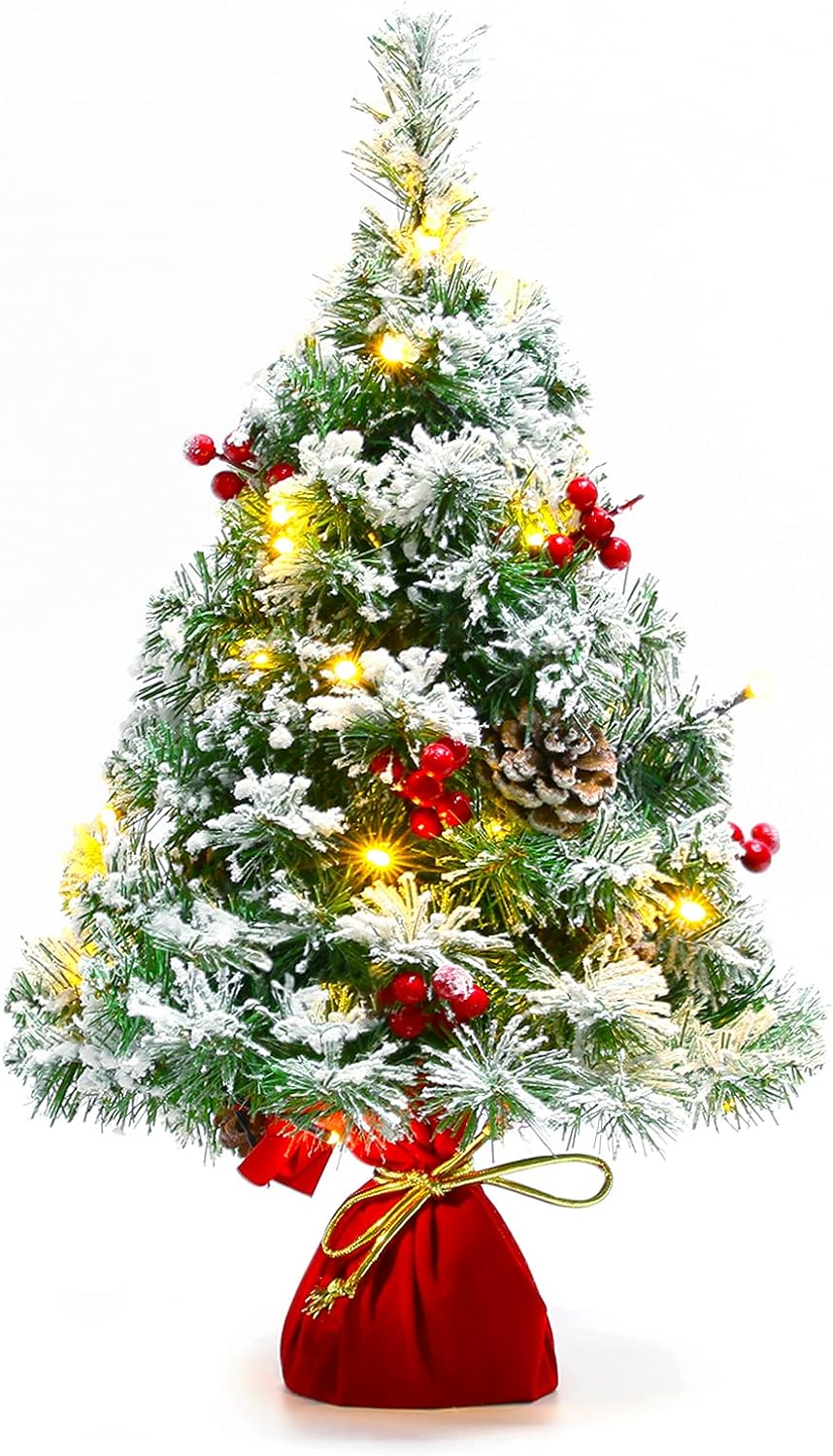 21.6 Inch Snow Flocked Christmas Tree Artificial Mini Christmas Tree Pine Tree Indoor Tabletop Ornaments Decorations with 30 LED Lights,Red Cloth Base and Pine Cones,White