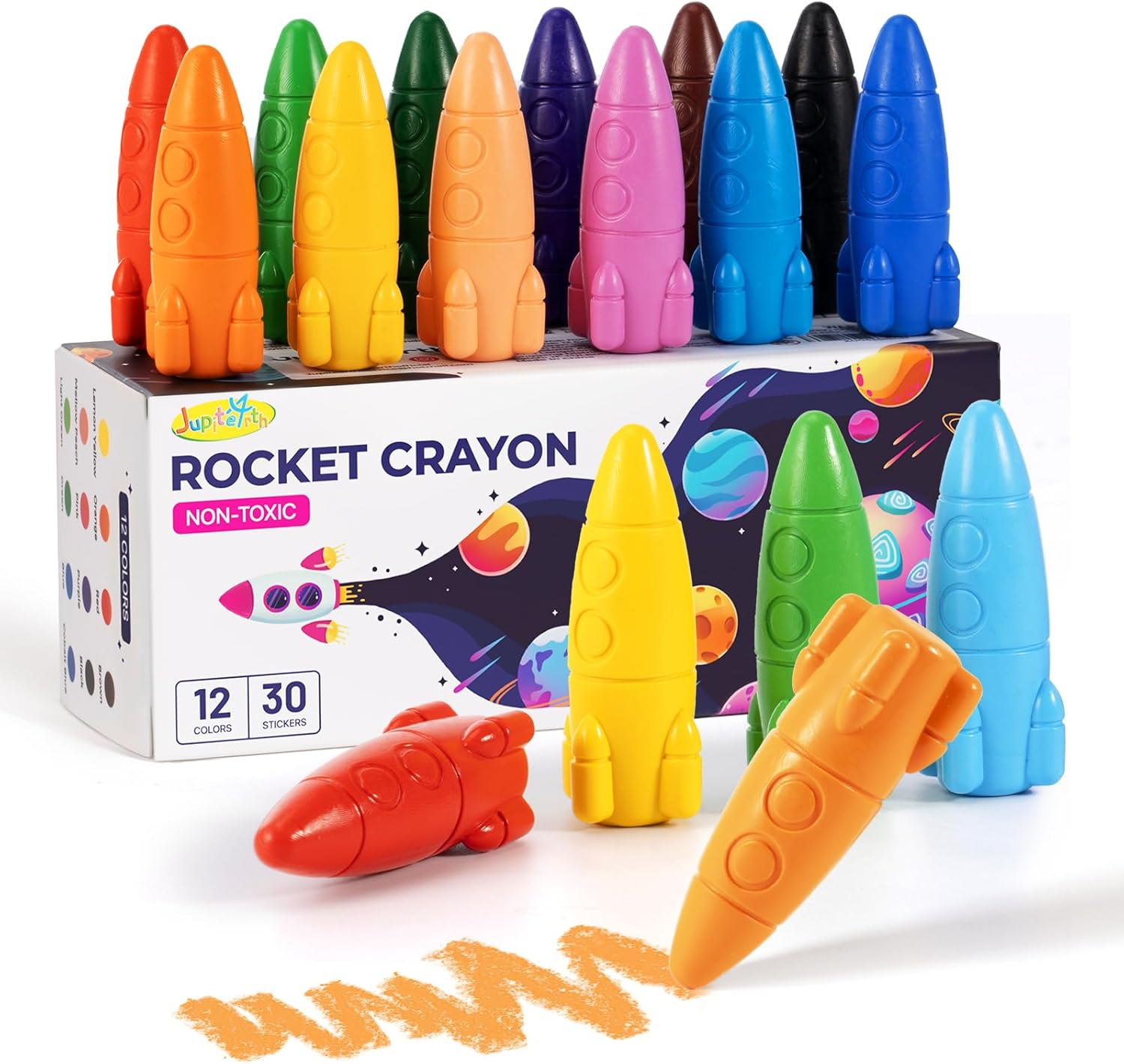12 Colors Crayons for Toddlers, Non-Toxic Washable Rocket Crayons, Easy-To-Hold Coloring Gifts & Mess-Free Art Supplies for Little Hands