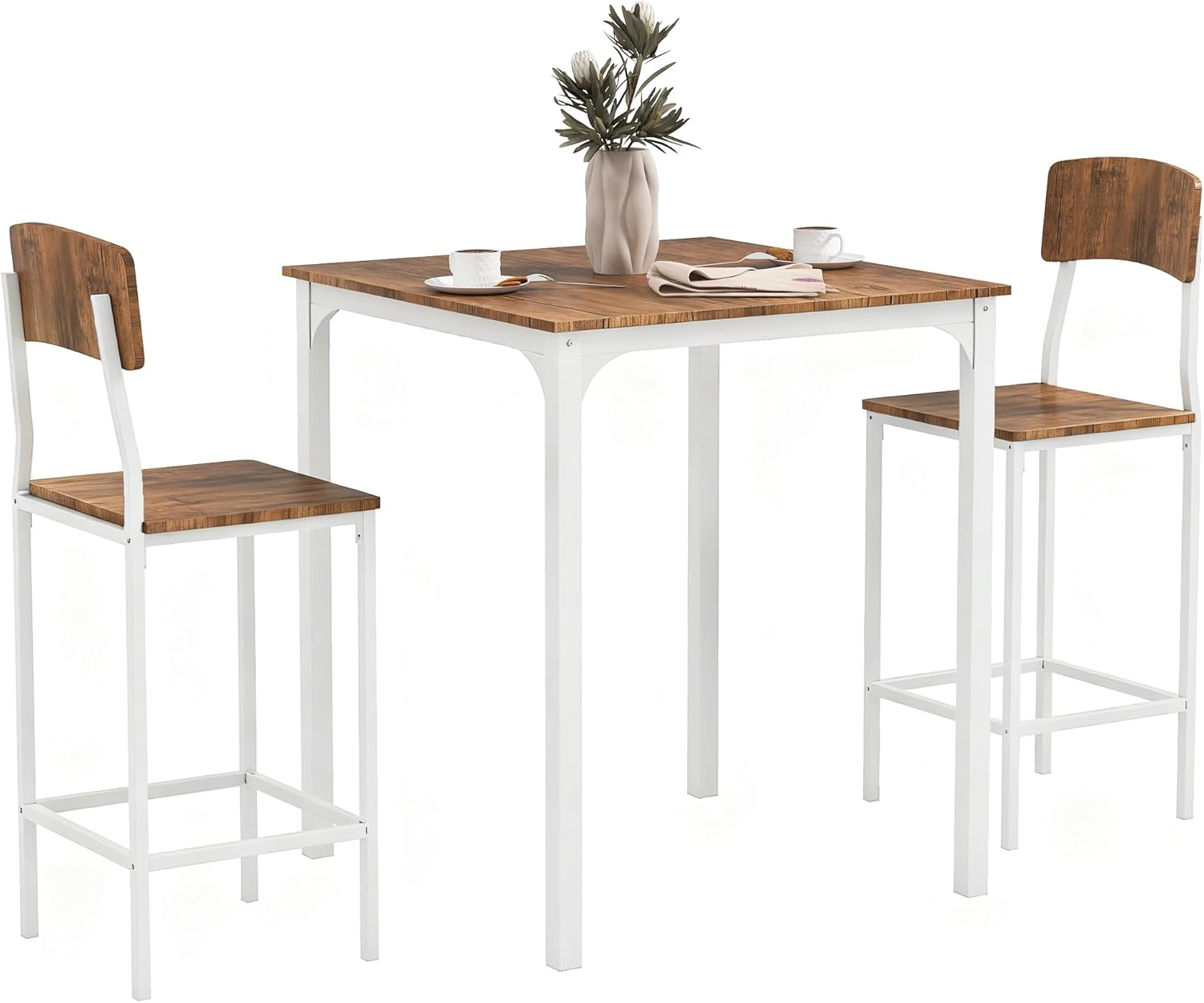 3-Piece Counter Height Bar Table with Space-Saving Design, Square Kitchen Table and Chairs Set with Footrest, Metal Legs, Industrial Dining Table Set for 2, Walnut and White