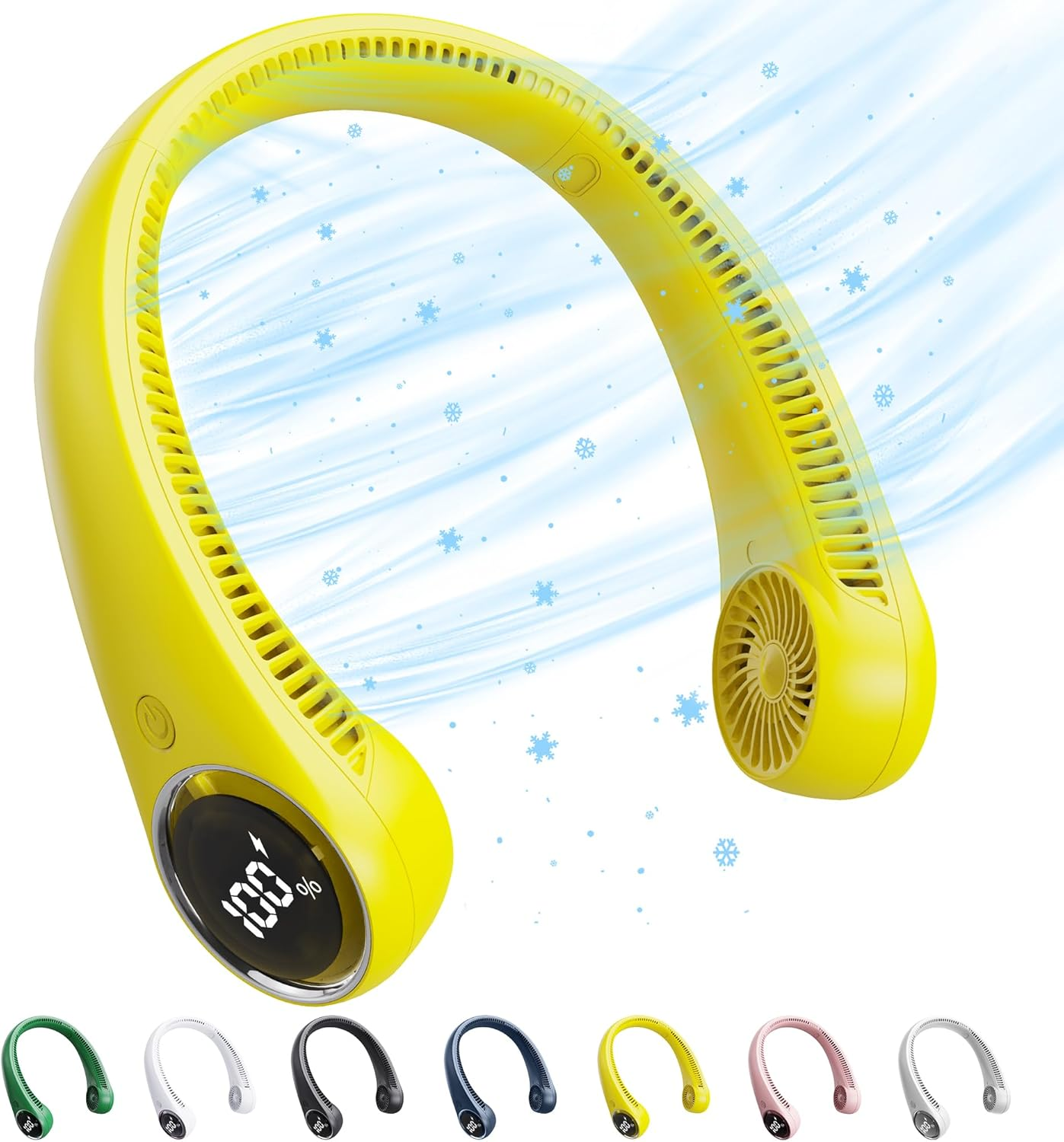 Portable Bladeless Neck Fan with LED Display,5000 Mah Battery Operated Wearable Personal Fan, Leafless, USB Rechargeable, Headphone Design, USB Powered Desk Fan with 3 Speeds(Yellow)