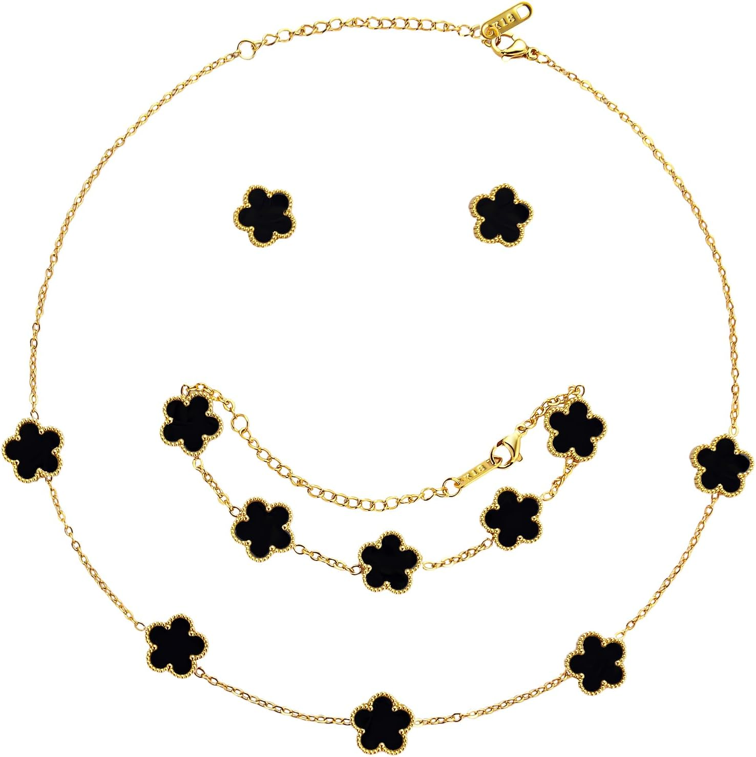 Lucky Clover Jewelry Set - 18K Gold Plated Flower Design Five Leaf Bracelet, Necklace Pendant, Earrings for Women - Lucky Gifts for Mom, Wife, Daughter, Friends