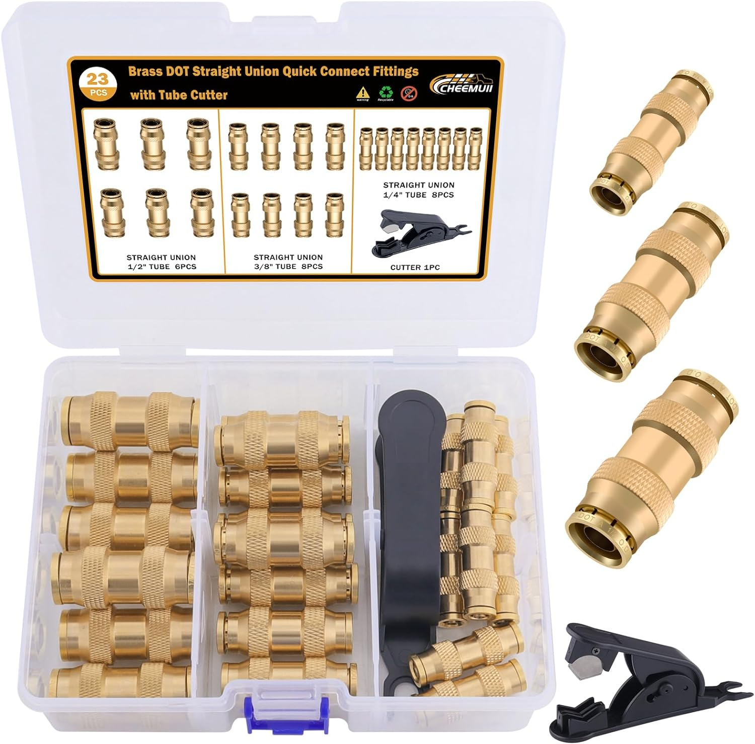 23 PCS Brass DOT Air Line Fittings Kit 1/4 3/8 1/2 DOT Quick Connect Air Fittings Straight Union Push to Connect Air Hose Fittings for Semi Truck Trailers Air Brake System