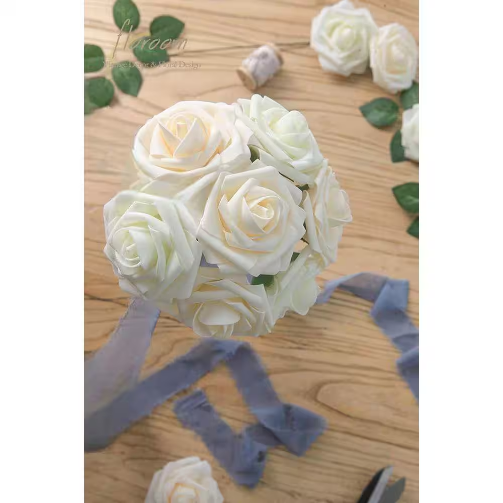 Artificial Ivory Foam Roses 8.00 In. White DIY Wedding Bouquets Centerpieces Party Decorations Branch Stem