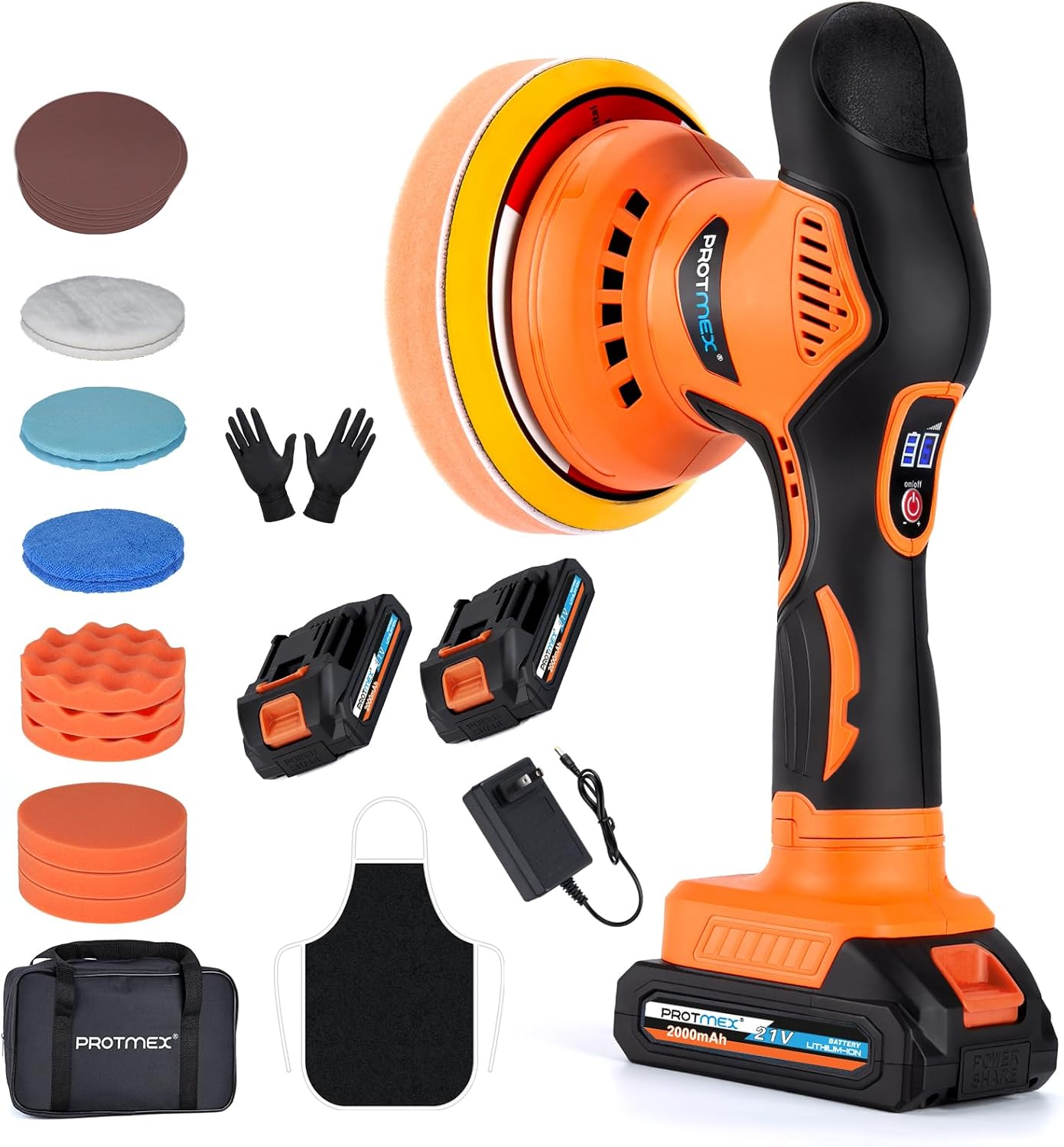 Cordless Car Buffer Polisher w/ 2x2000mAh 21V Batteries, 6 Inch Car Buffer Waxer Kit, Car Polishing Machine w/Extra 18 PCS Attachments & 6 Variable Speed, Car Buffer Polisher for Car Detailing