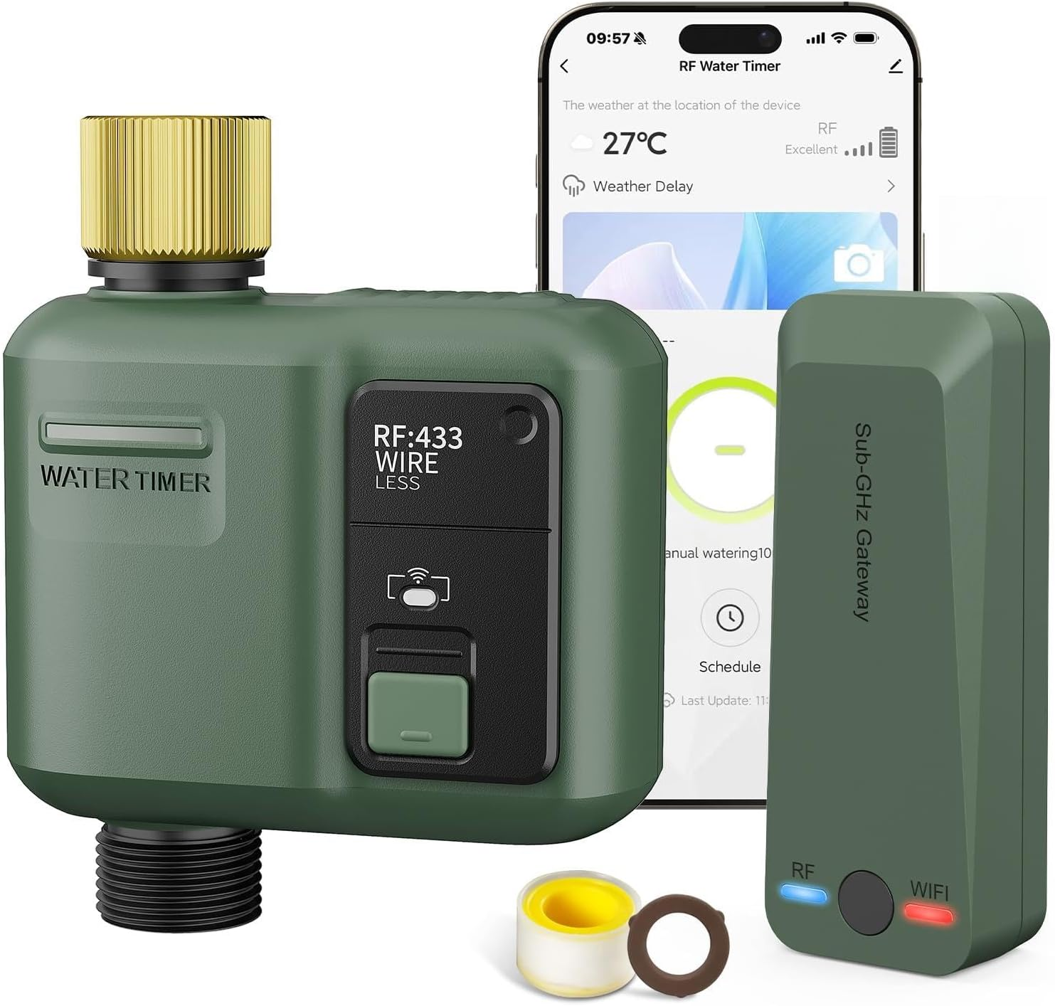 Wifi Water Timer for Garden Hose, Smart Sprinkler Controller with 984Ft RF Range, Smart Lawn Watering System Irrigation Timer, App/Voice Control, Rain Delay, Manual Irrigation (Brass Inlet)