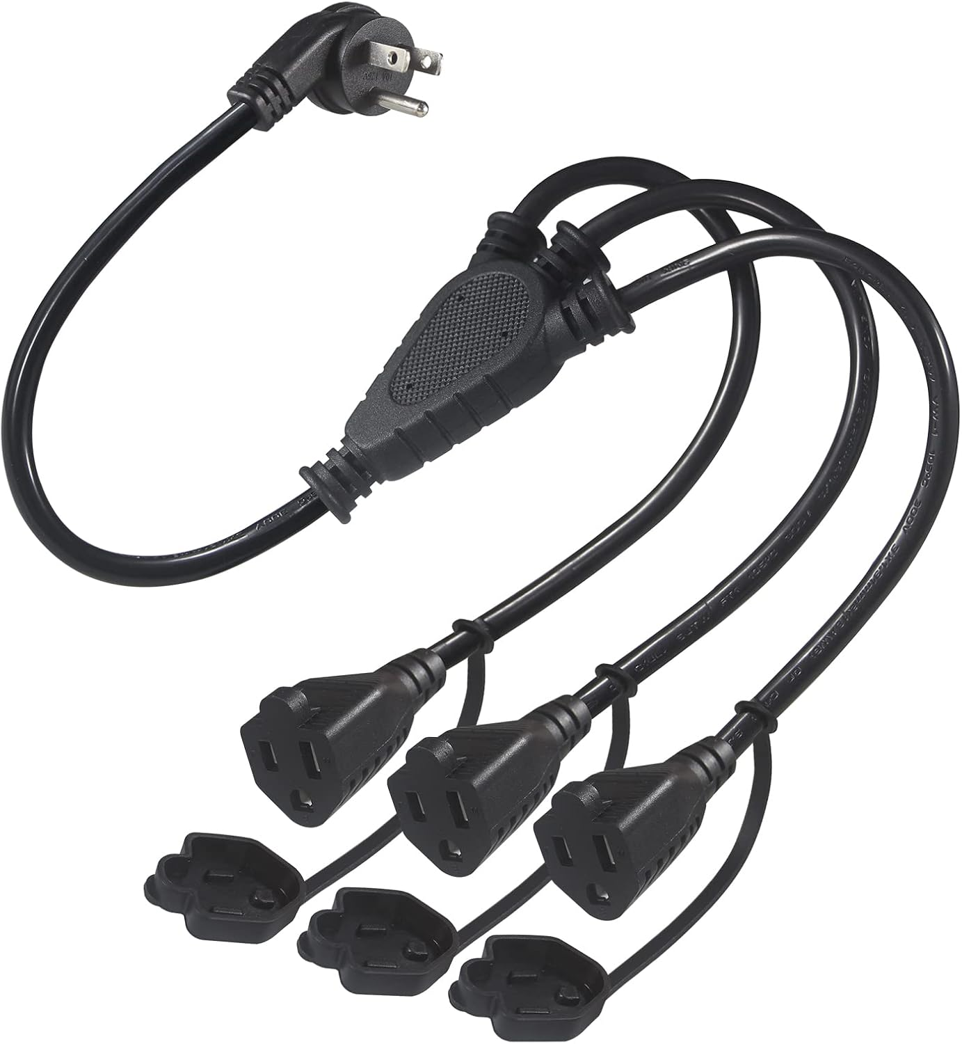 3 Way Power Splitter Cord, Right Angled Type Flat Plug Indoor/Outdoor 1 to 3 Outlets Y Style Extension Cord Waterproof Heavy Duty 16/3 SJTW 3 Prong AC Power Cord Wire Extender (1.5FT 1-Pack)