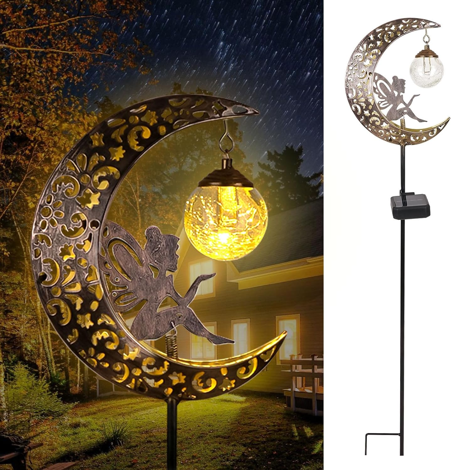 Solar Garden Lights Outdoor Decor,Moon Fairy Crackle Glass Lights,Waterproof Warm White LED Metal Stake Ornament,For Walkway Backyard Patio Lawn Pathway Decorations-Unique Gift Ideas for Gardening