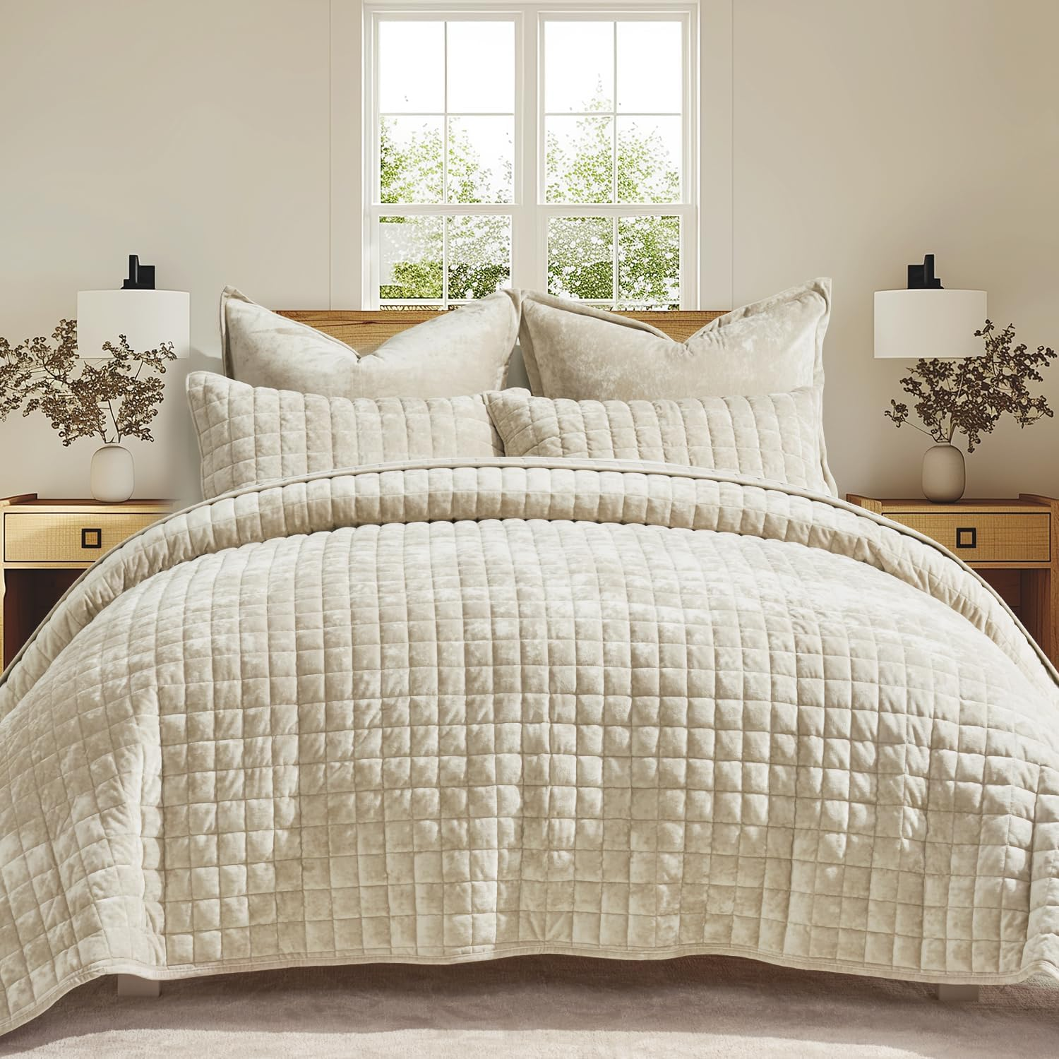 Luxury Velvet Quilt Set King Size Bedding Sets, Ultra Soft Velvet Comforter Set, Lightweight Channel Box Stitch Oversized Bedspread Coverlet for All Season, with 2 Shams, Beige