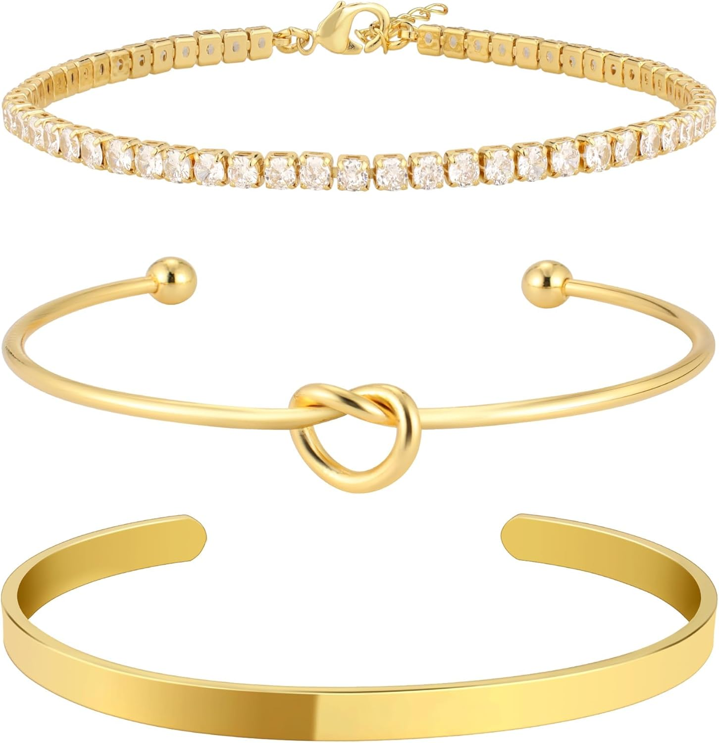 14K Gold Plated Knot Bangle & CZ Tennis Bracelet