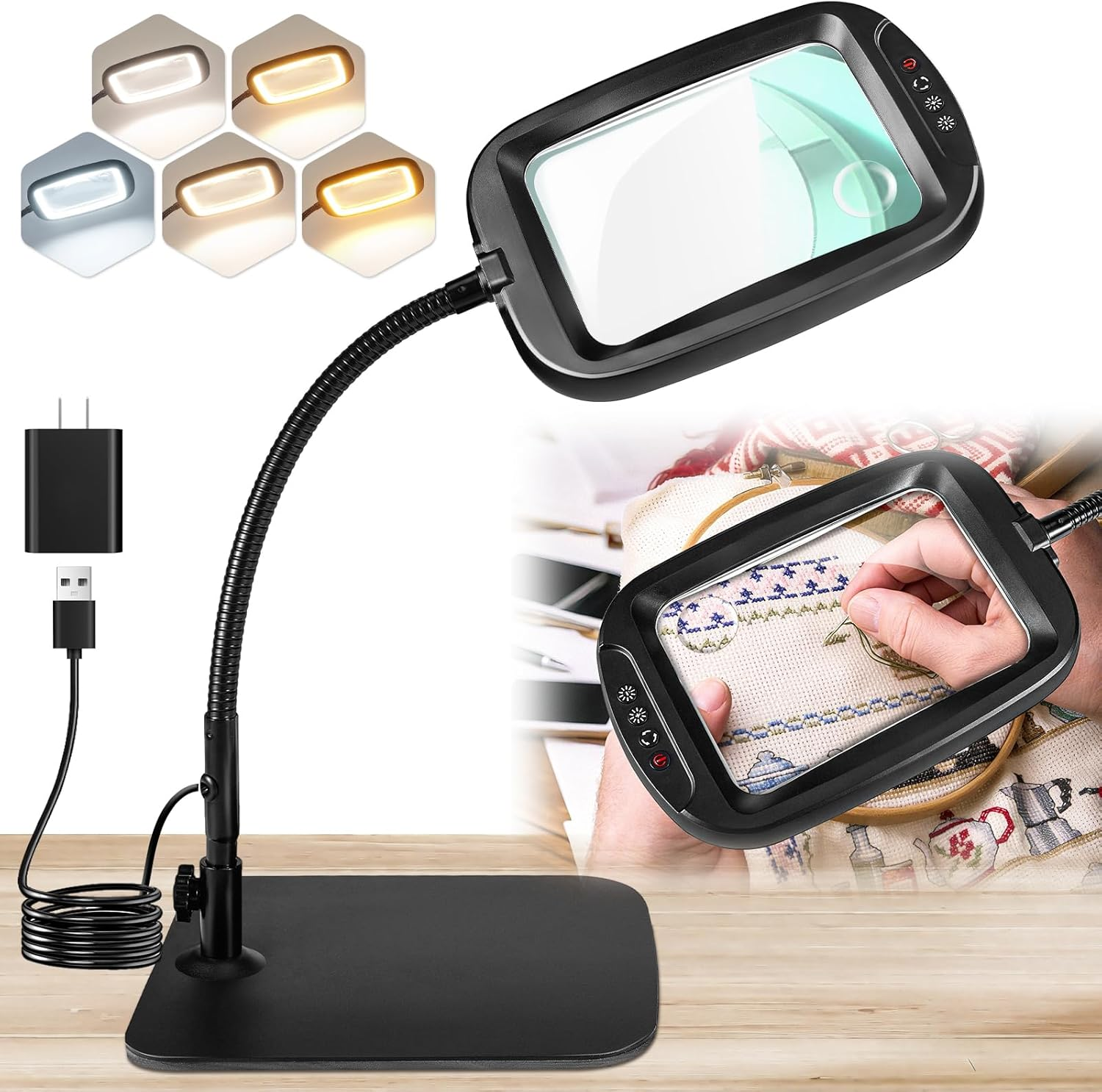 10X 30X 7 Inch Extra Large Magnifying Glass with Light and Stand, 5 Color Modes Dimmable LED Magnifying Lamp with Flexible Gooseneck, Hands Free Magnifier for Reading Close Work Crafts Seniors