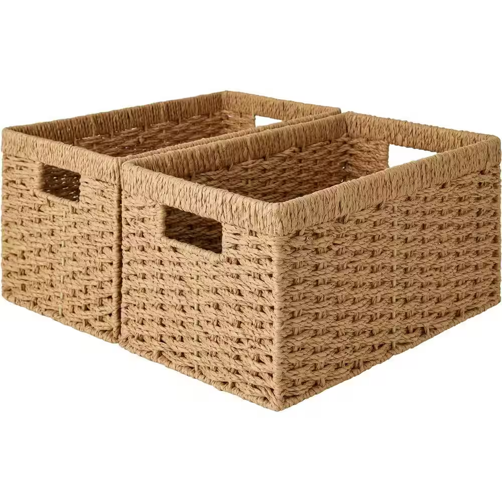 Brown 13.3 In. X 7.3 In. Paper Decorative Basket Set of 2 with Built-In Handles