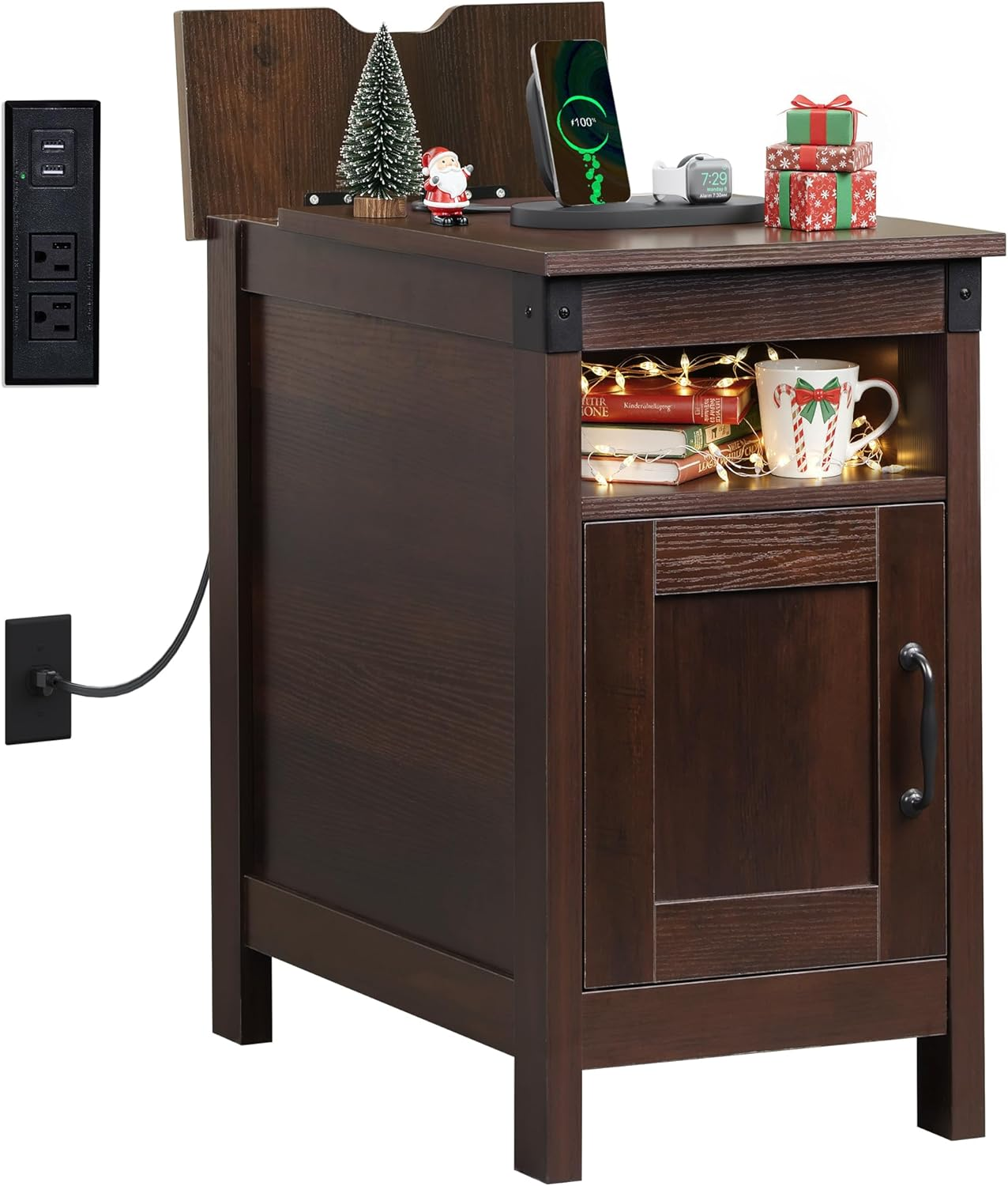 WLIVE End Table with Charging Station, Narrow Side Table for Living Room, Farmhouse Night Stand with Storage, Small Wooden Nightstand with USB Ports and Outlets for Living Room and Bedroom, Espresso