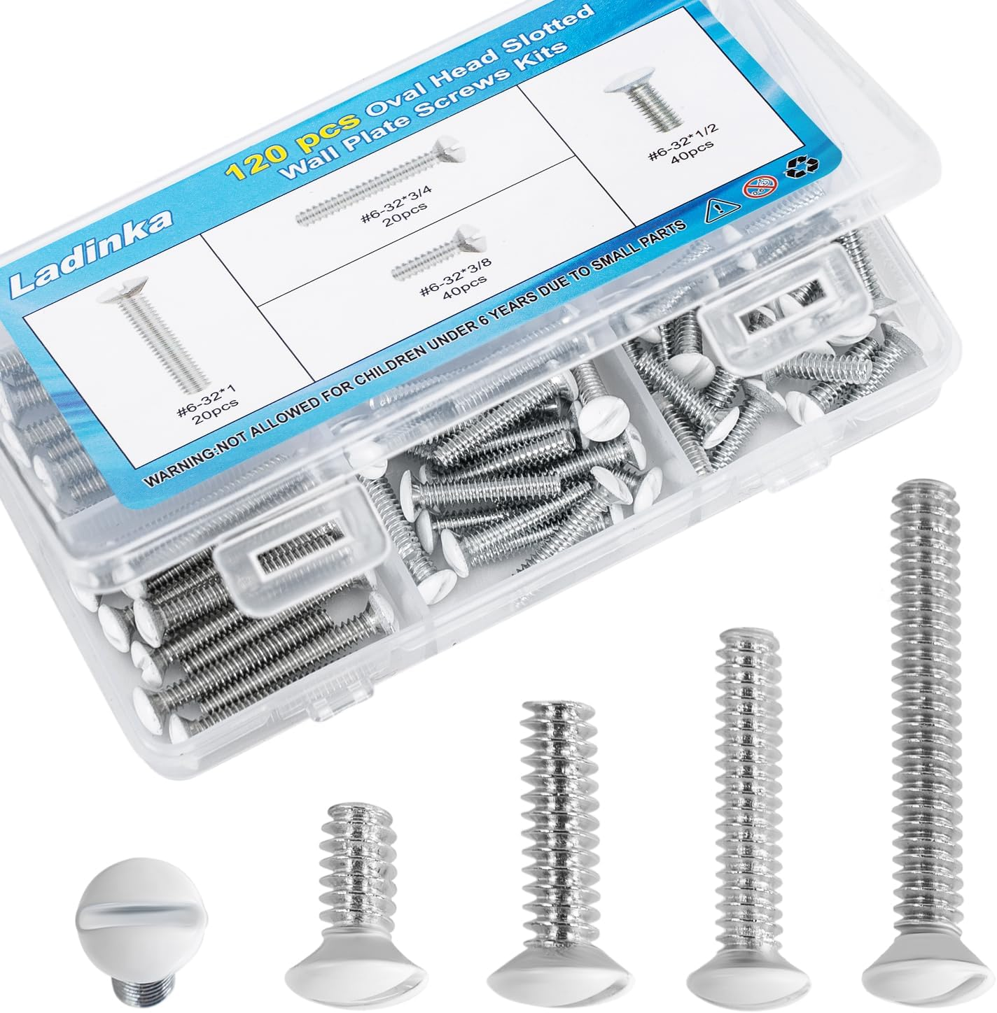 120PCS White Wall Plate Screws Kit - #6-32 Thread Outlet Cover & Switch Plate Fasteners with 4 Lengths (3/8