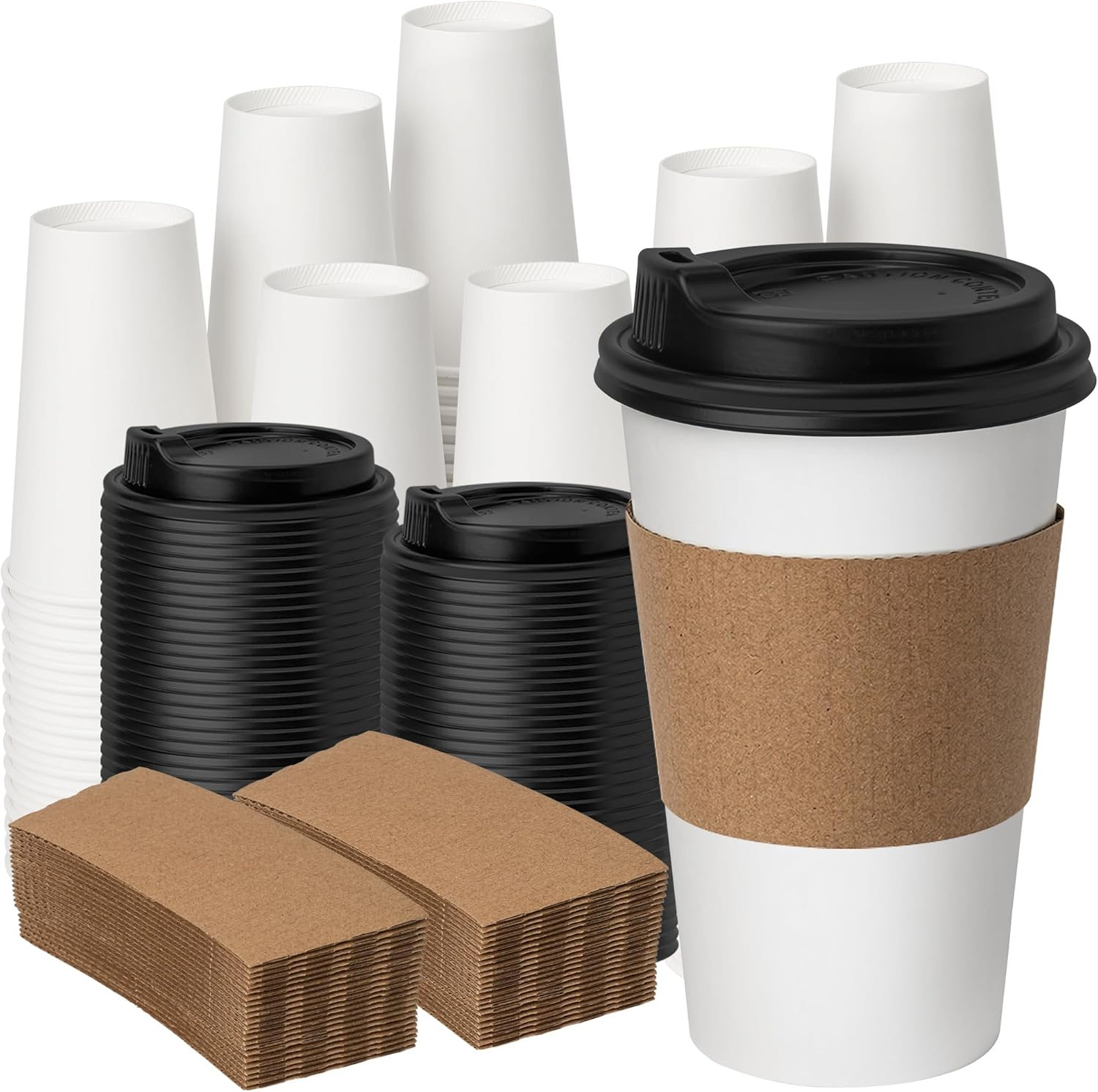 16 Oz 100 Pack Disposable Paper Coffee Cups with Lids & Sleeves, to Go Hot Cups for Coffee, Hot Beverage Drinking Cup, Ideal for Cafes, Bistros