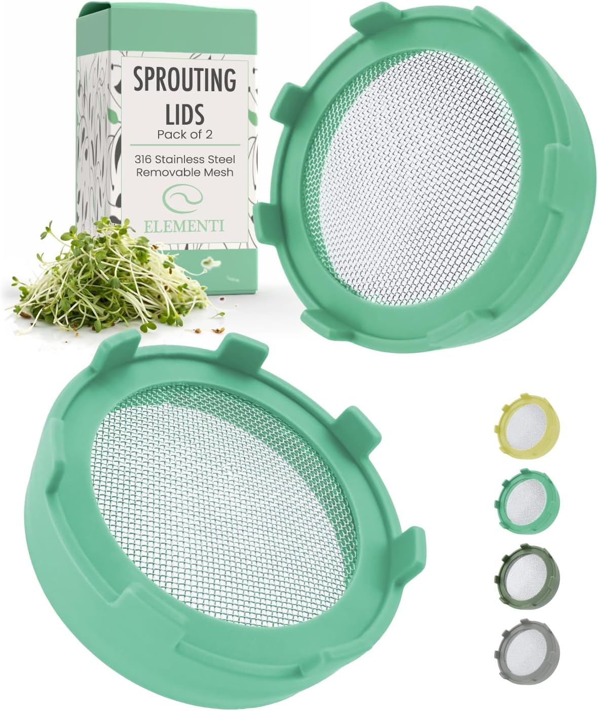 Sprouting Lids for Wide Mouth Mason Jars (Set of 2), Sprouting Jar Kit for Organic Sprouts, Alfalfa & Mung Bean Sprouts Grow Kit, 316 Stainless Steel Mesh Screen Strainer Lid (Mint)