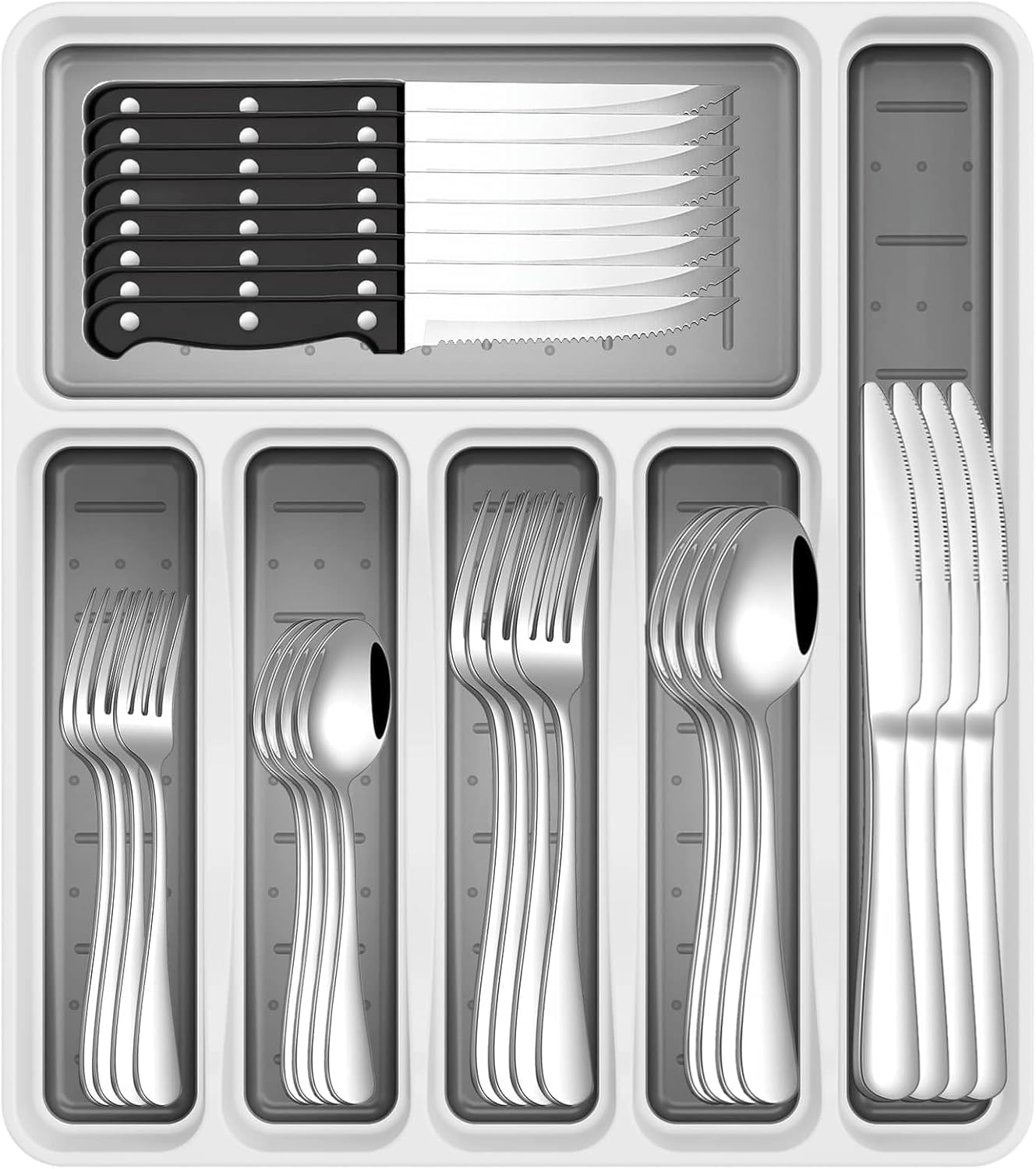 49-Piece Silverware Set with Organizer for 8, Stainless Steel Flatware Utensils Cutlery Set Including Steak Knives Spoons and Forks, Rust-Proof, Mirror Polished, Dishwasher Safe