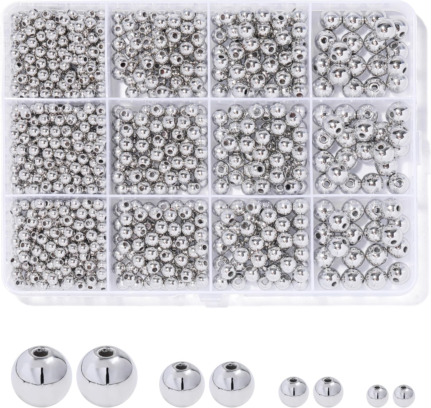 1100 Silver Beads Round Spacer 3mm 4mm 6mm 8mm Set for Bracelets DIY Jewelry