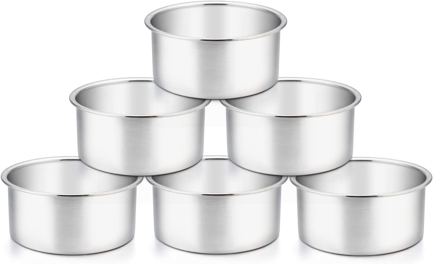 Teamfar 4 Inch Cake Pan, 6 Pcs Layer Baking round Cake Pans Set Stainless Steel, for Baking Steaming Serving, Healthy & Sturdy, Mirror Finish & Dishwasher Safe