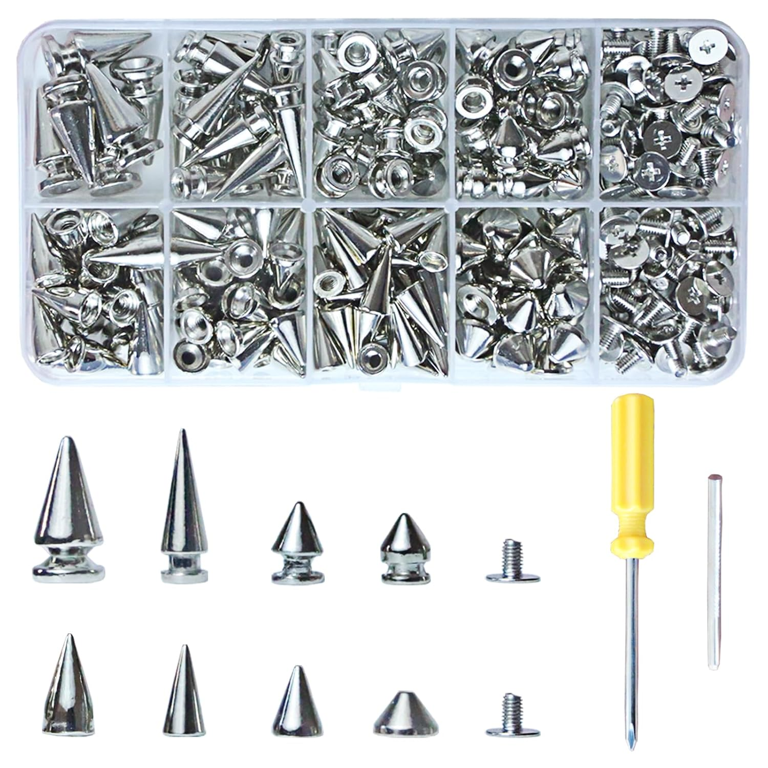 354 Sets Punk Spikes and Studs Kit,8 Sizes Cone Spikes,Metal Tree Spikes Studs for Leathercraft and Punk Style Clothing Accessories DIY Craft Decoration