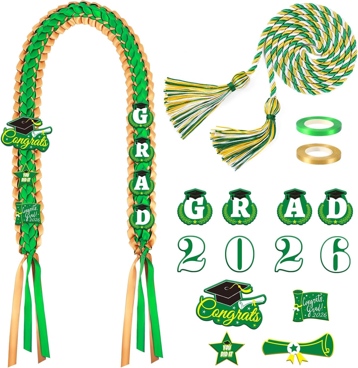 2026 Graduation Leis Green Gold Graduation Ribbon Lei Graduation Honor Cords Class of 2026 Graduation Gift Braided Necklace for Graduation Party Accessories