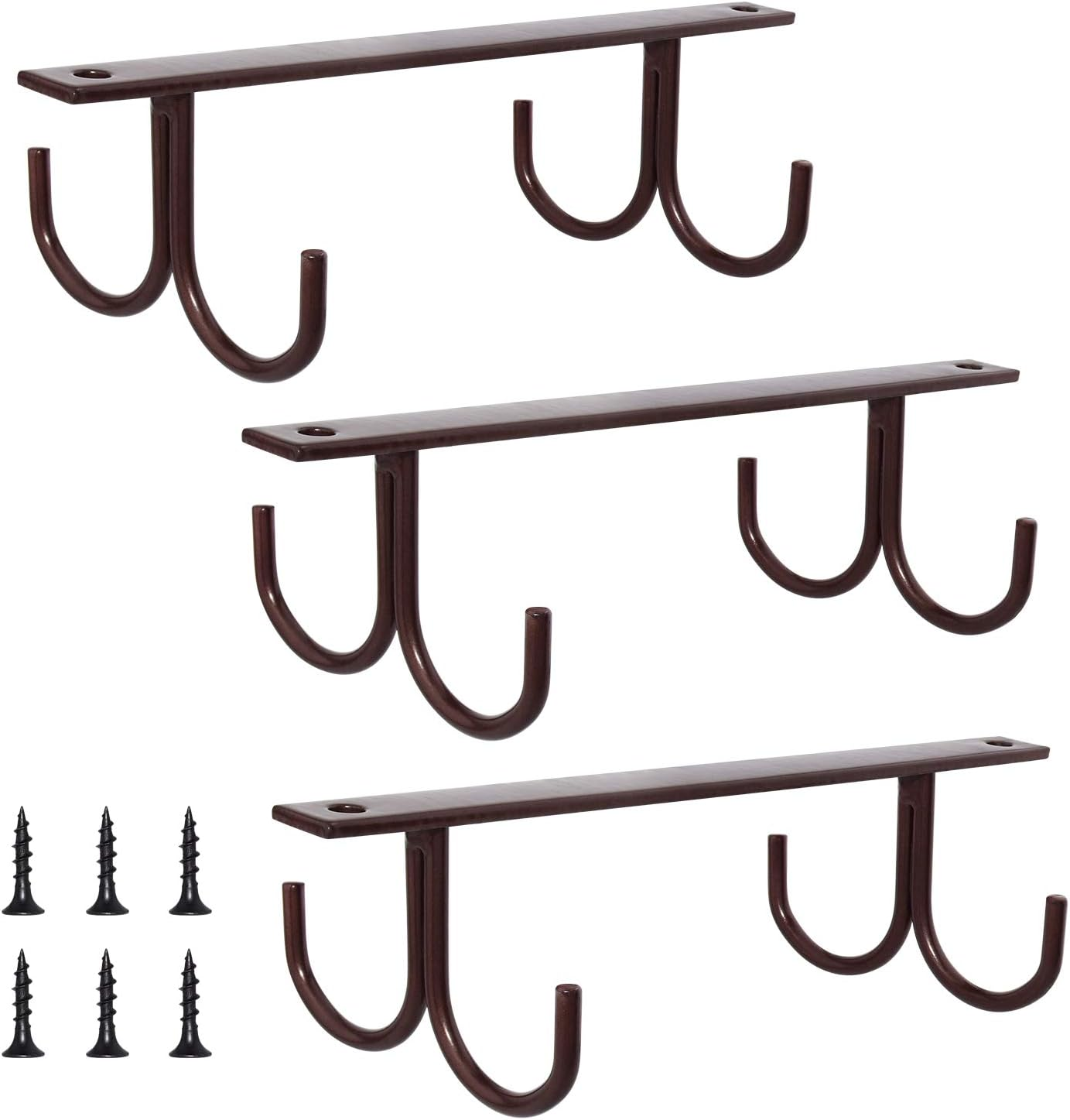 Under Cabinet Mug Rack, Rustic Mug Organizer Rack Cup Holder Under Shelf 12 Hanging Hooks Rack for Mugs, Coffee Cups and Kitchen Utensils Display (Brown-3 Pack-12 Hooks)