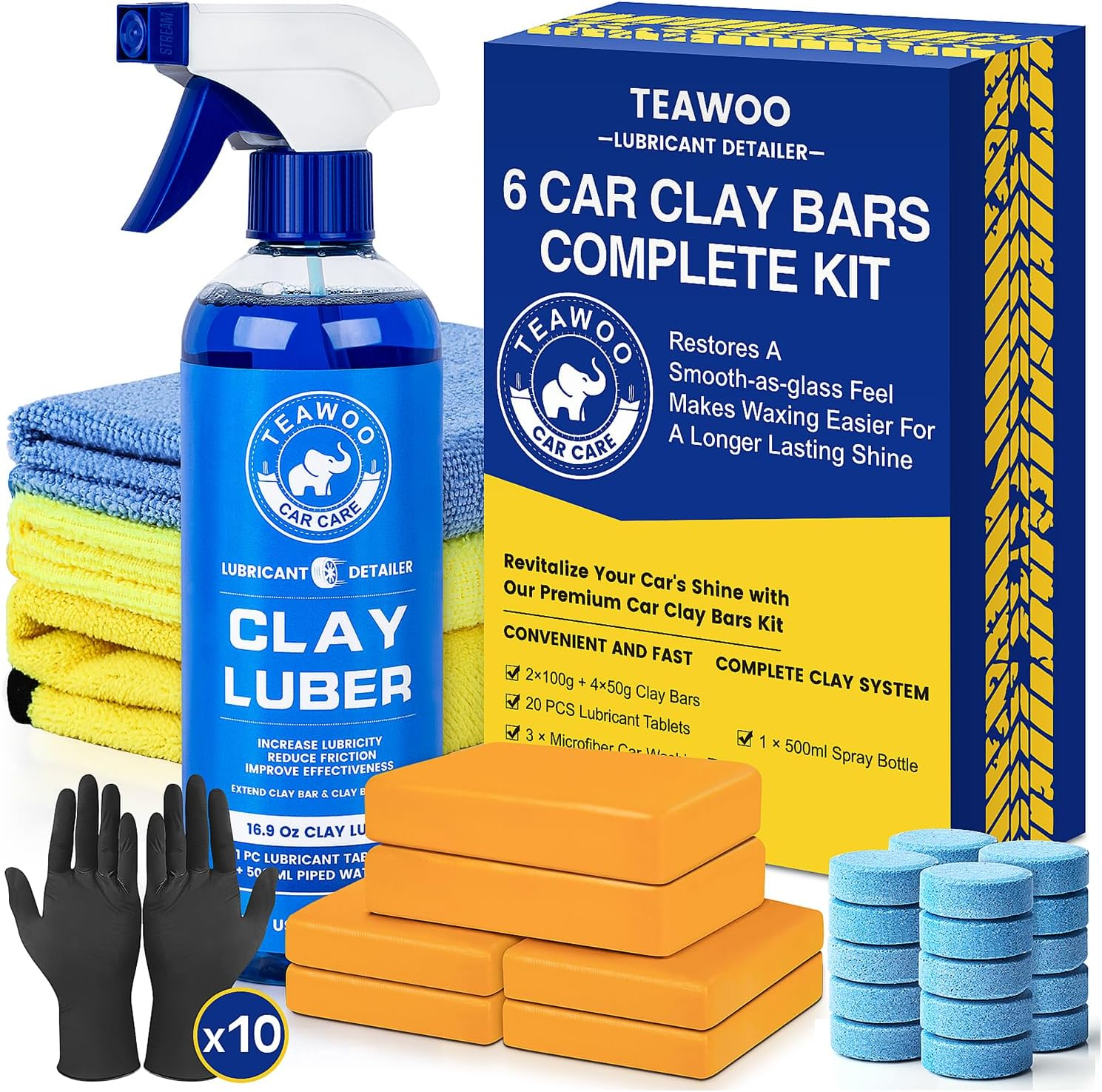 Clay Bars Kit, 6 Clay Bars & 20 PCS Lubricant Tablets, Complete Car Detailing Kit, Spray Bottle, Disposable Gloves and Microfiber Towels for Car Detailing Cleaning
